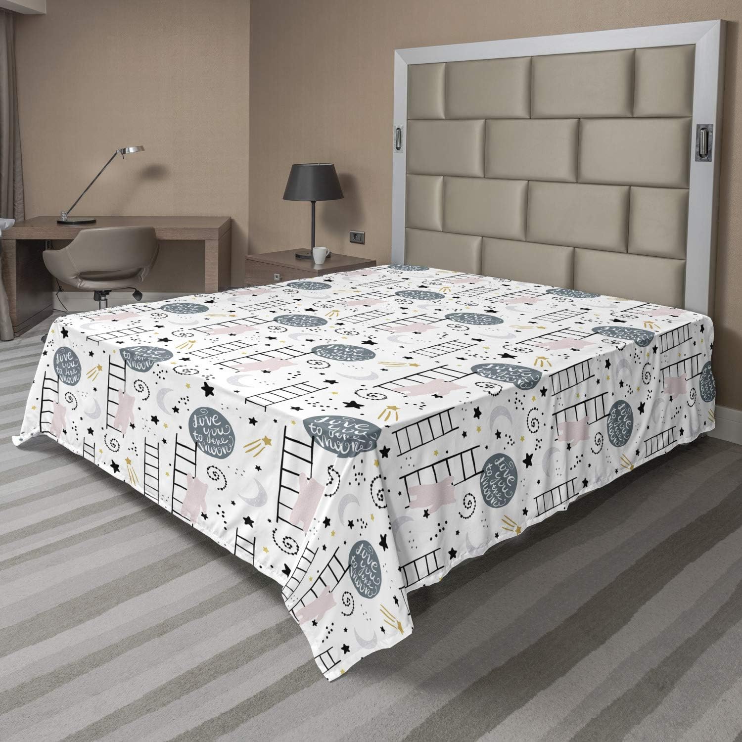 Ambesonne Cartoon Flat Sheet, Love You to The Moon Message with Doodle Bears Climbing Ladders Stars Concept, Soft Comfortable Top Sheet Decorative Bedding 1 Piece, Full Size, Multicolor