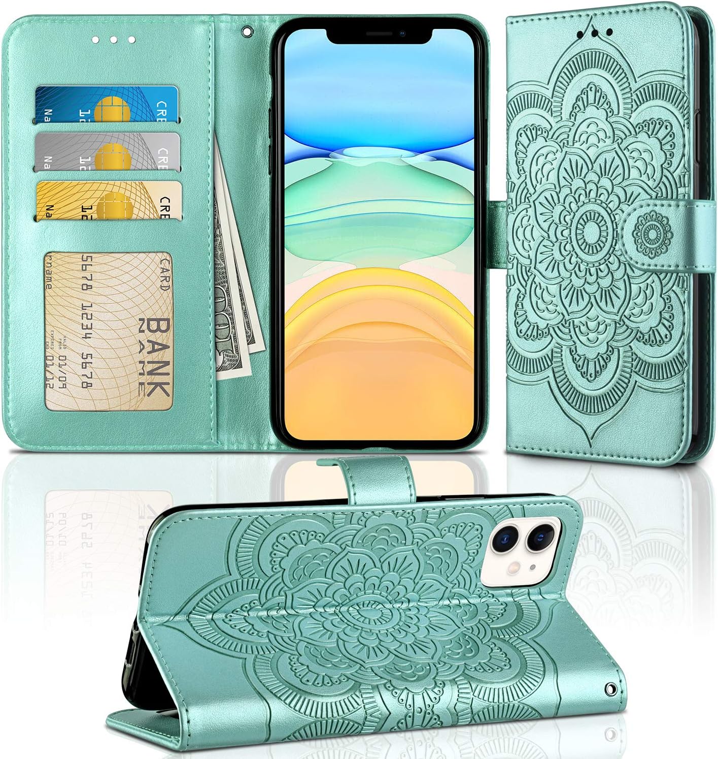 HianDier Wallet Case for iPhone 11 Card Holder Case Kickstand Flip Cover Embossed Mandala Flower Lanyard Protective Soft PU Leather Cover Case for 2019 Release iPhone 11 iPhone XI, Green