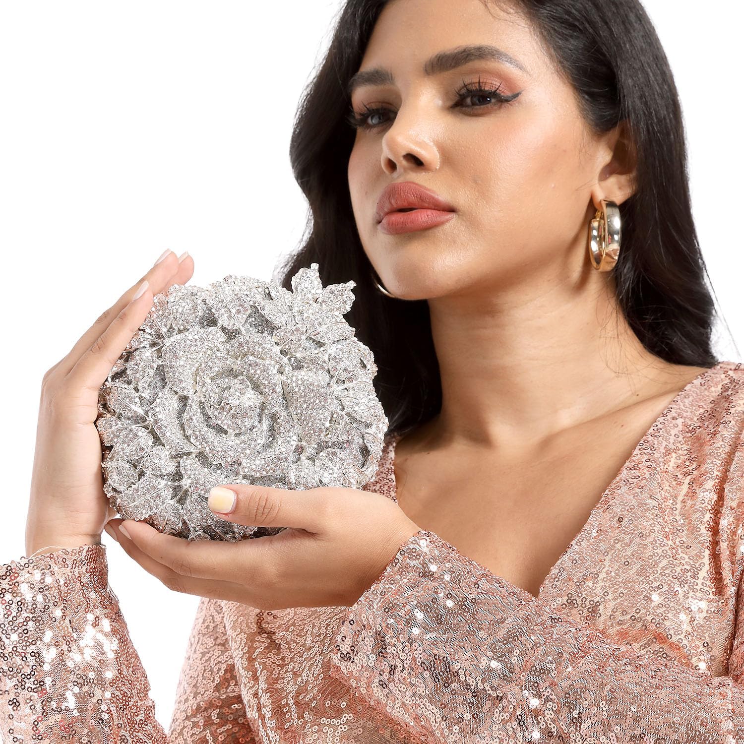 Boutique De FGG Round Rose Flower Crystal Clutch Purses for Women Formal Evening Bags Wedding Clutch Bag Party Handbags,Mini