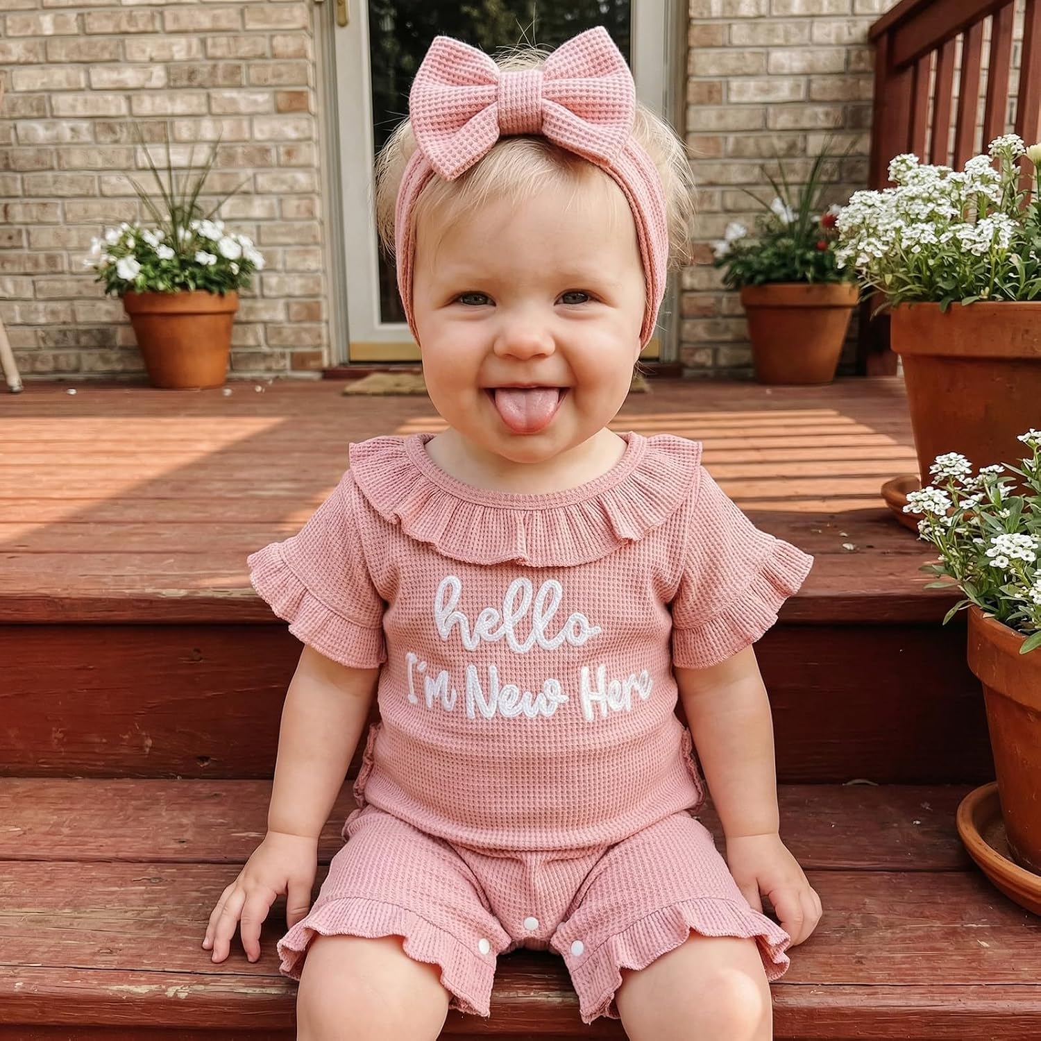 Infant Baby Girl Summer Outfit Crew Neck Little Sister Lil Sis Embroidery Romper Jumpsuit Newborn Waffle Clothes