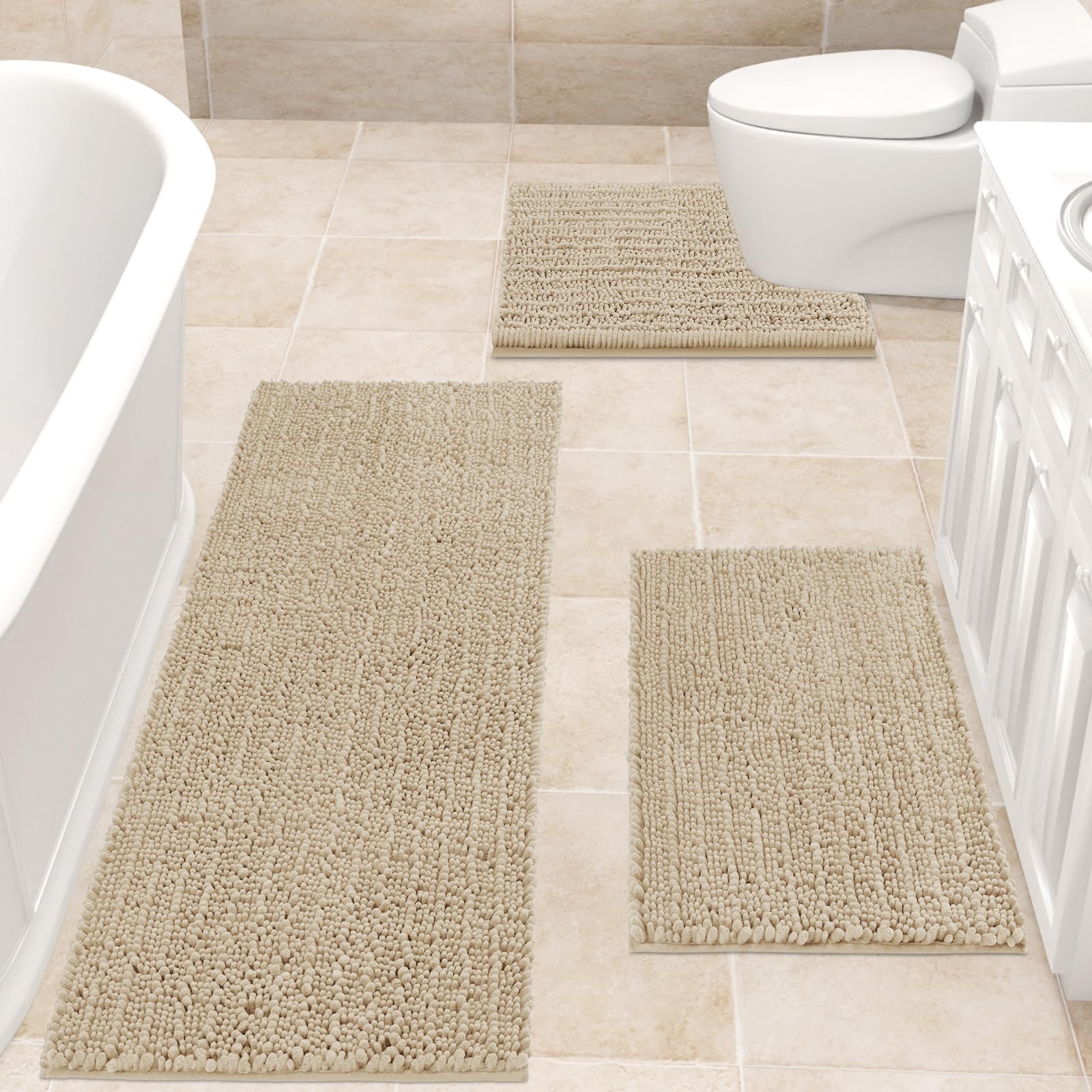 ACCUMTEK Upgrade Extra Large Beige Bathroom Rug Set 3 Pieces Ultra Soft, Thick Absorbent Bath Mats, Non Slip Chenille Toilet Mat for Bathroom, Bedroom, Kitchen