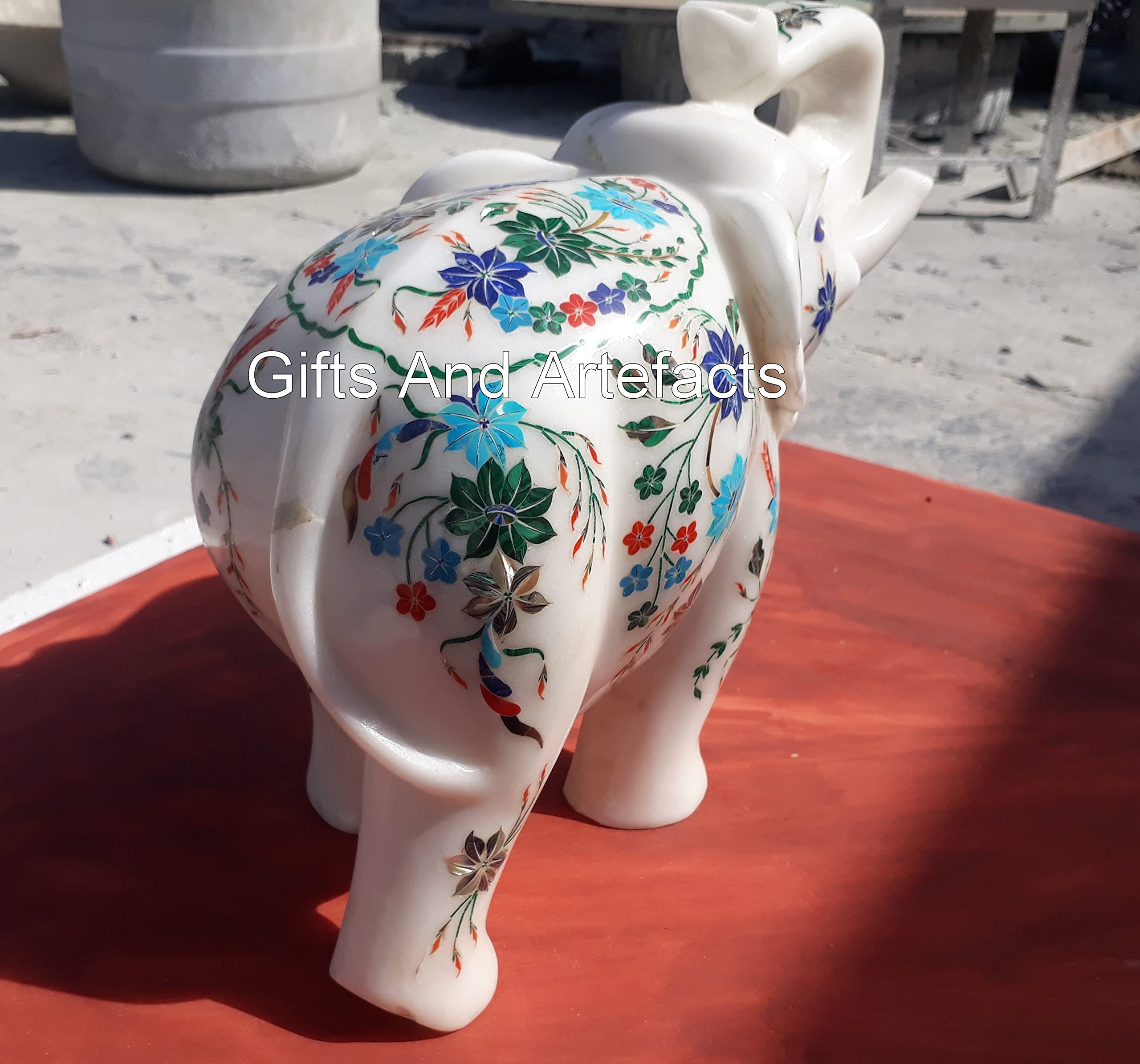 Estatua de elefante de piedras semipreciosas con incrustaciones de trabajo de mármol blanco de 8 pulgadas, escultura de elefante de buena suerte para regalo de inauguración de la casa