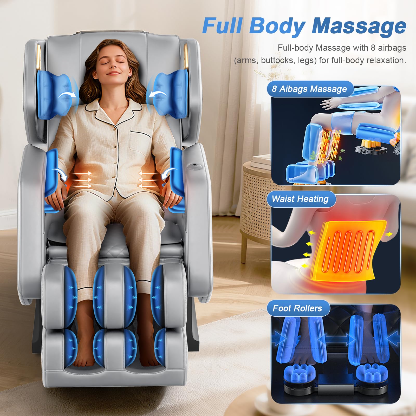 Sillón de Masaje, sillón reclinable de Cuerpo Completo con 14 Rodillos, 8 Bolsas de Aire, función de calefacción, Masaje de pies, Altavoz Bluetooth, Control Remoto táctil