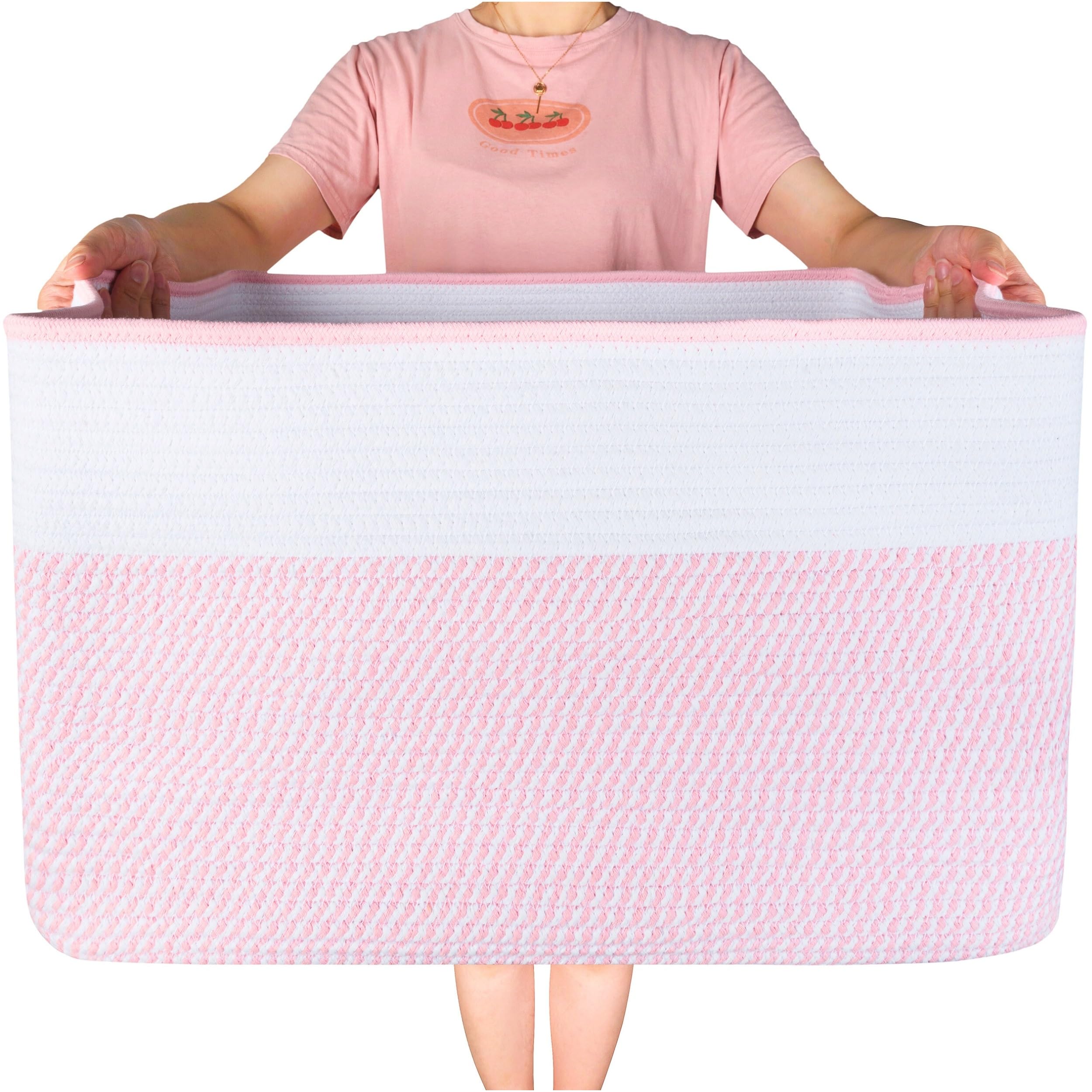 MINTWOOD Design 22in Extra Large Blanket Basket Holder Living Room, Rectangle Rope Woven Storage Basket with Handles for Laundry, Pool Towels, and Shoes, Dog Toy Organizer Bin Box, Light Pink