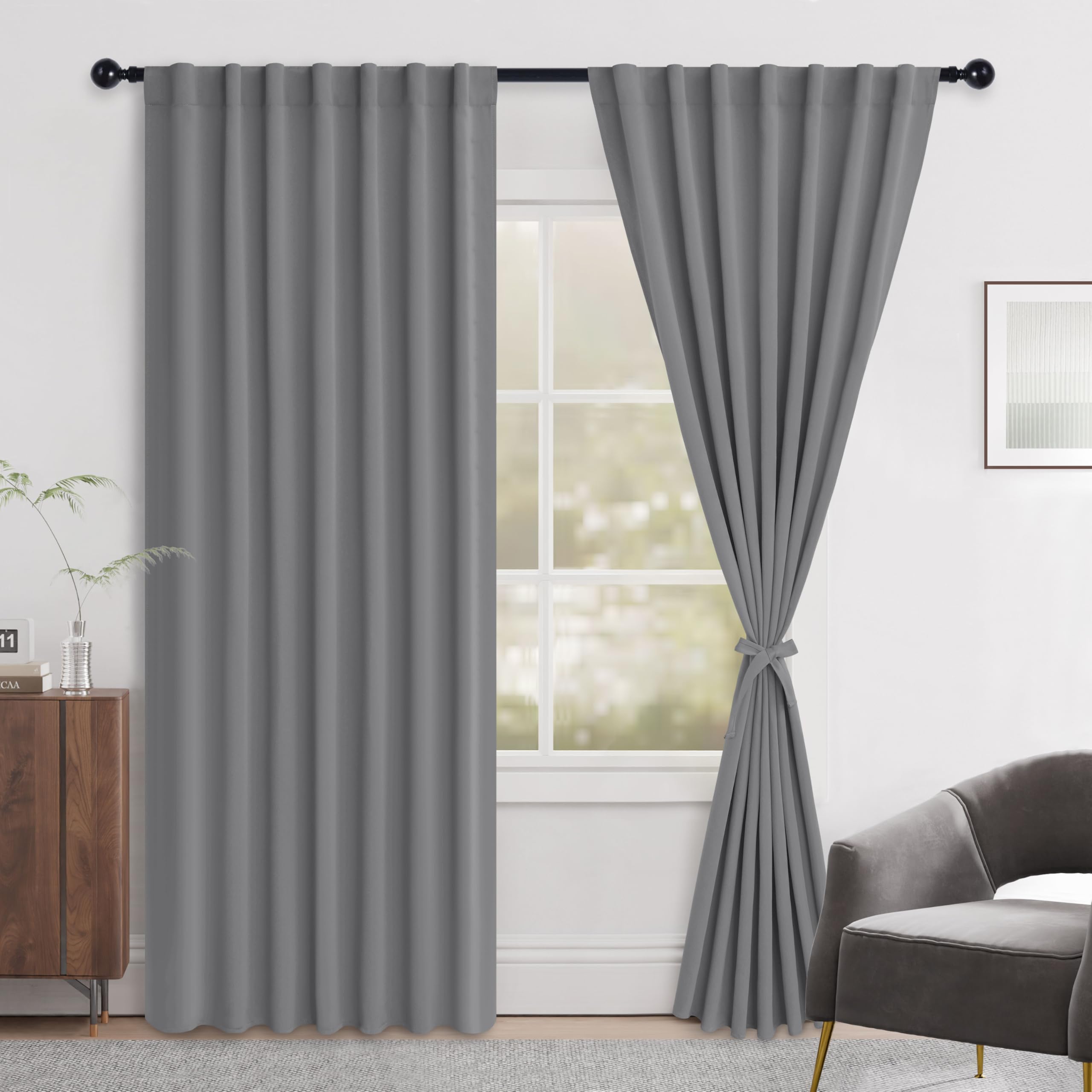 FS KEEWO Curtain & Rod Set - 84" Blackout Panels With 10-78" Flexible Track, Cuttable, White Rod