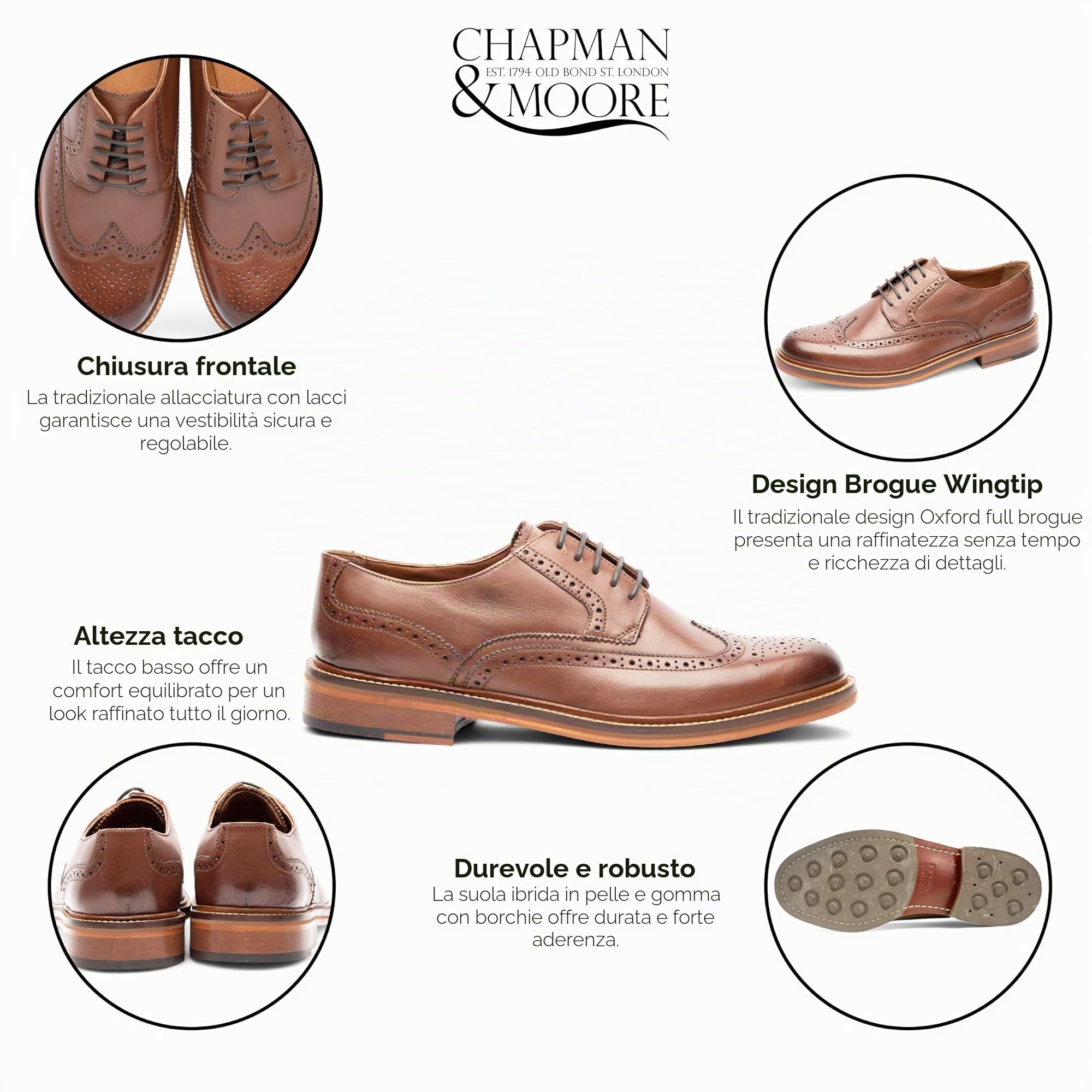 Scarpe Eleganti da Ufficio in Pelle Marrone Derby Brogue Oxford da Uomo Chapman & Moore