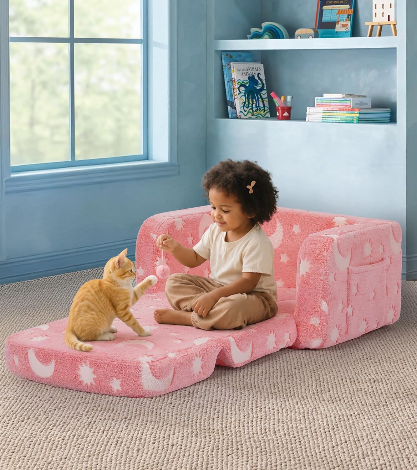 Kids Couch, 2-in-1 Soft Toddler Couch Fold Out with Blanket and Cloud Pillow, Glow in The Dark, Convertible Sofa, Gifts for Kids Girl Boys, Medium Pink Moon