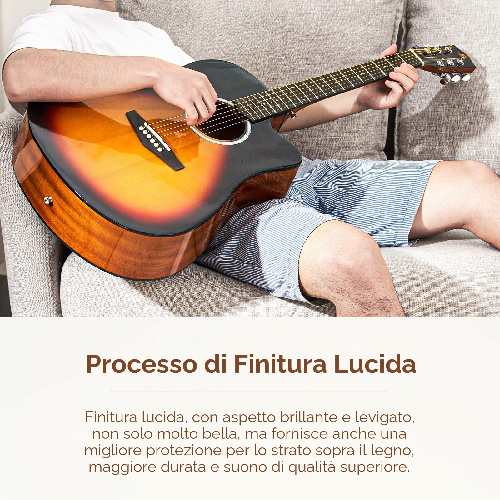 Vangoa 4/4 Chitarra Acustica Kit Abete Rosso Legno Dreadnought Chitarra Folk Acustiche per Principianti Adulto Studente con Borsa Corde Plettri Capotasto Cinghia, Lucido, Sunburst