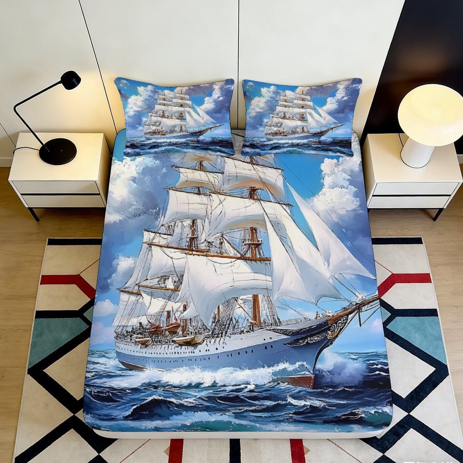 3D Printed Sailing Ship Fitted Sheet Microfiber Soft Decorative Ocean Art Bed Cover for Bedroom Guest Room 90x200x25cm