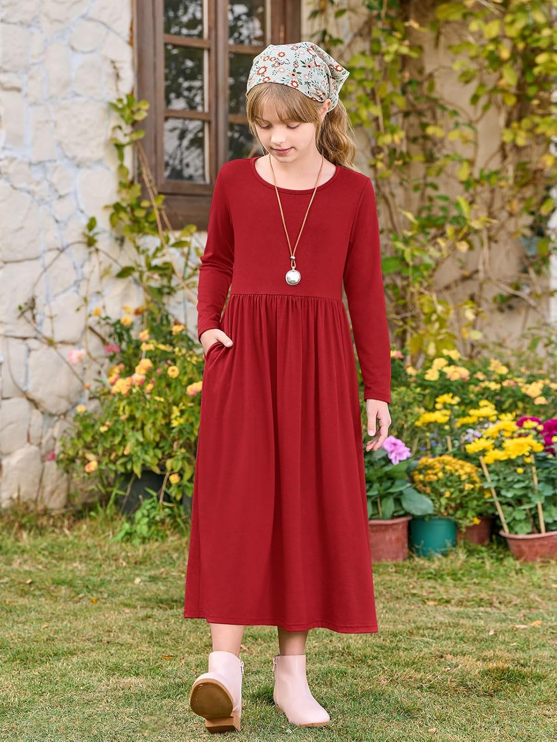 Haloumoning Girls Maxi Dress Long Sleeve Casual Holiday Dress with Pockets for 5-14 Years - Image 4