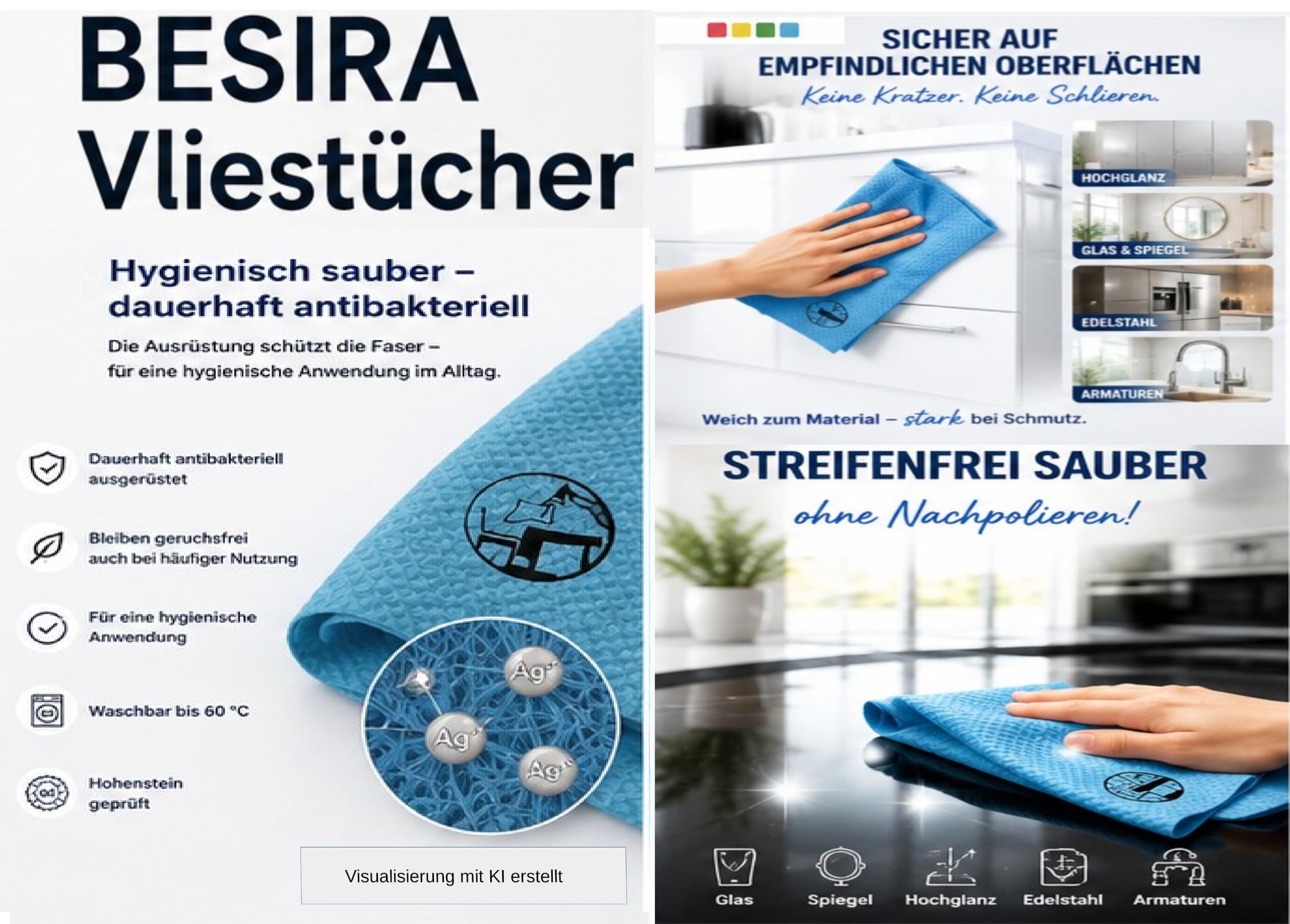Lot de 8 lingettes de nettoyage, antibactériennes, durables, avec argent, pour la maison et le commerce, brillance sans laisser de traces (robinets, fenêtres, verre, acier inoxydable, écrans, meubles)