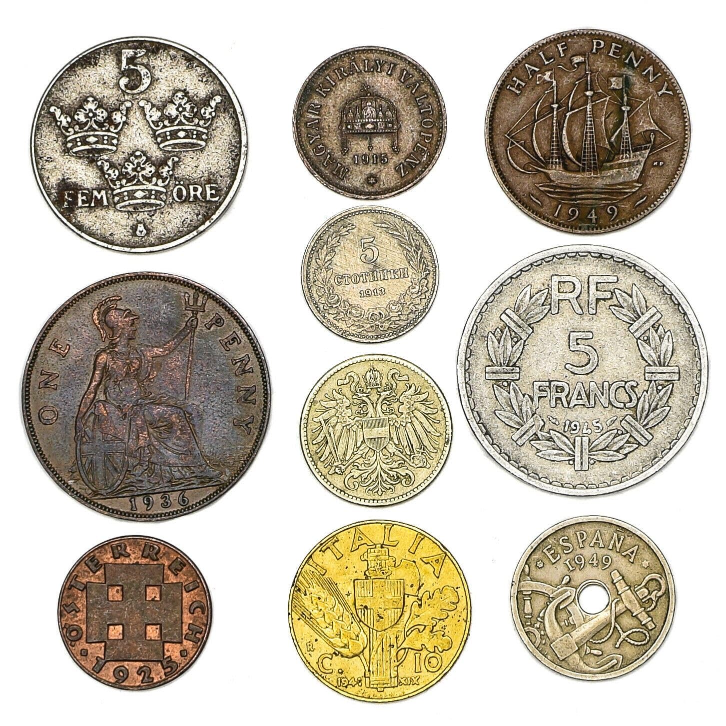 10 European Coins Collection, Europe Up to 1950