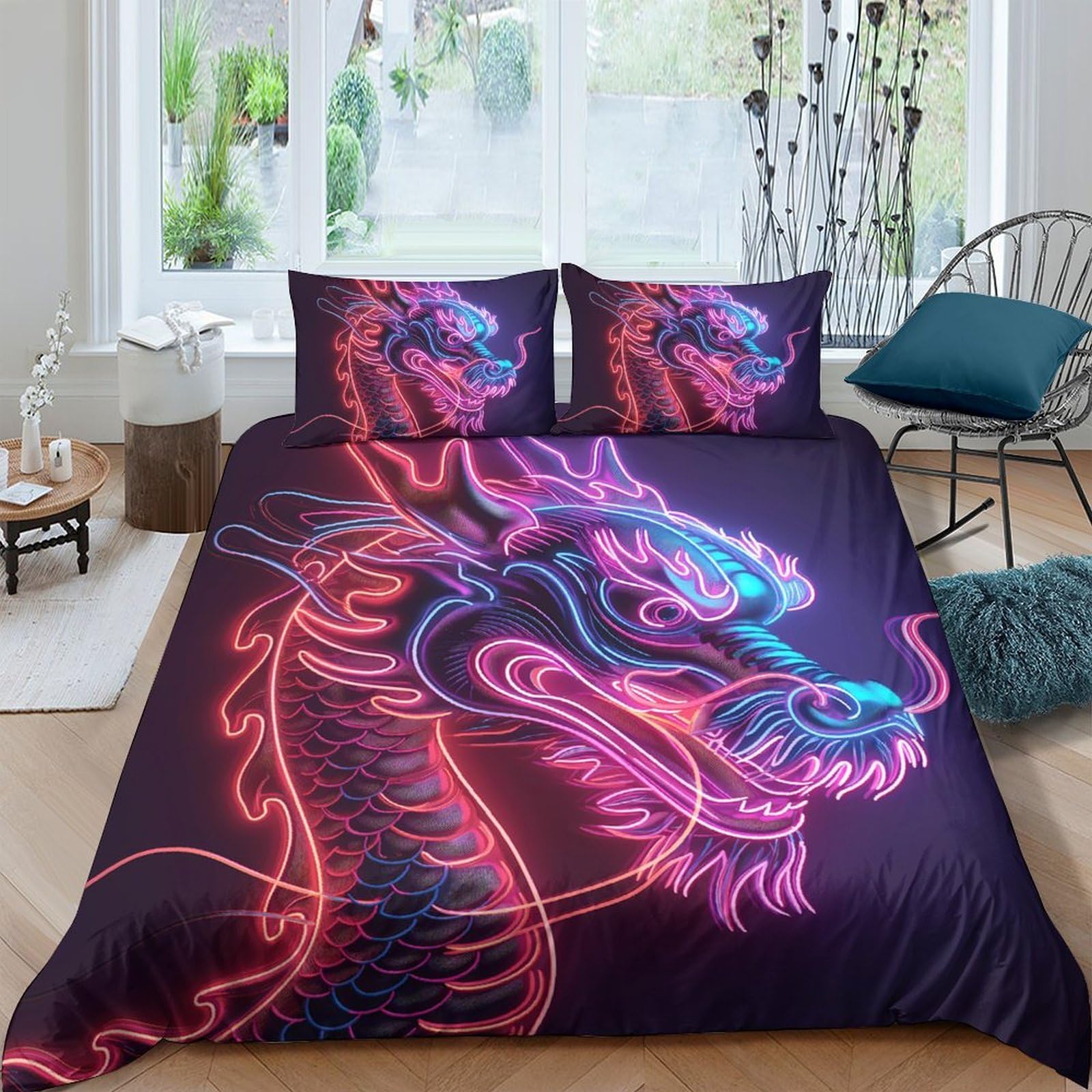 Ctjqhvkz Style-8 3D Printed Neon Dragon Fitted Sheet Microfiber Soft Bedroom Decor Glow Art Mattress Cover For Home Dorm Single（135X200cm）