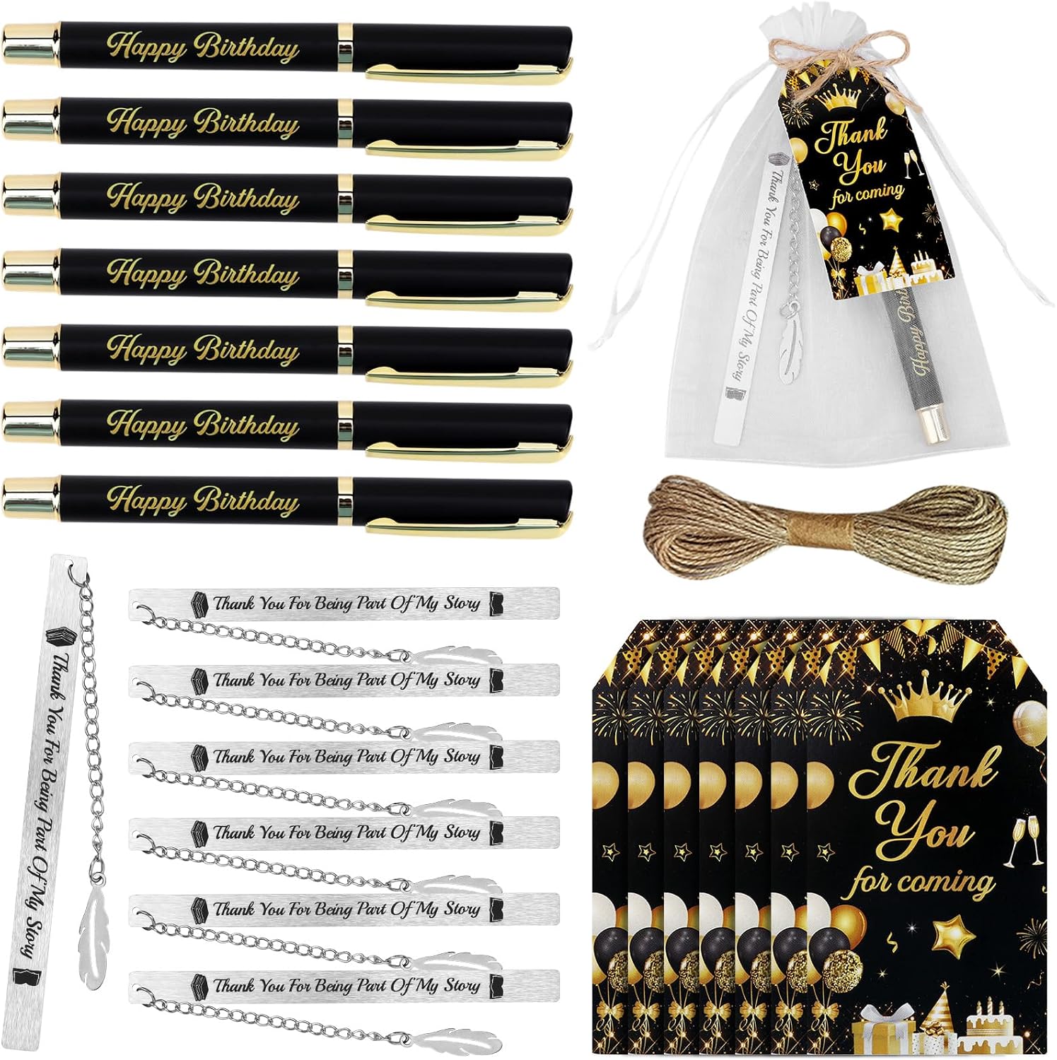 Black Gold Happy Birthday Gifts Favors for Guests Set of 25 Birthday Souvenirs with Pens Thank You Cards Stainless Steel Bookmarks Organza Bags for 30th 40th 50th 60th 70th 80th Bday Party
