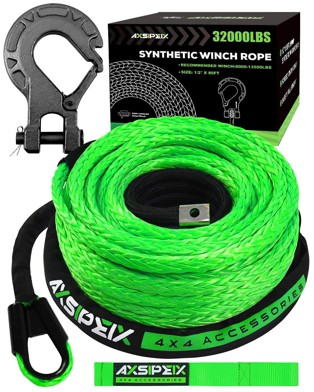 AXSIPEIXSynthetic Winch Rope Kit, 1/2" x 85ft 32000LBS Green Winch Cable with Protective Sleeve, Forged Winch Hook and Safety Pull Strap 4WD Off Road Vehicle SUV Truck