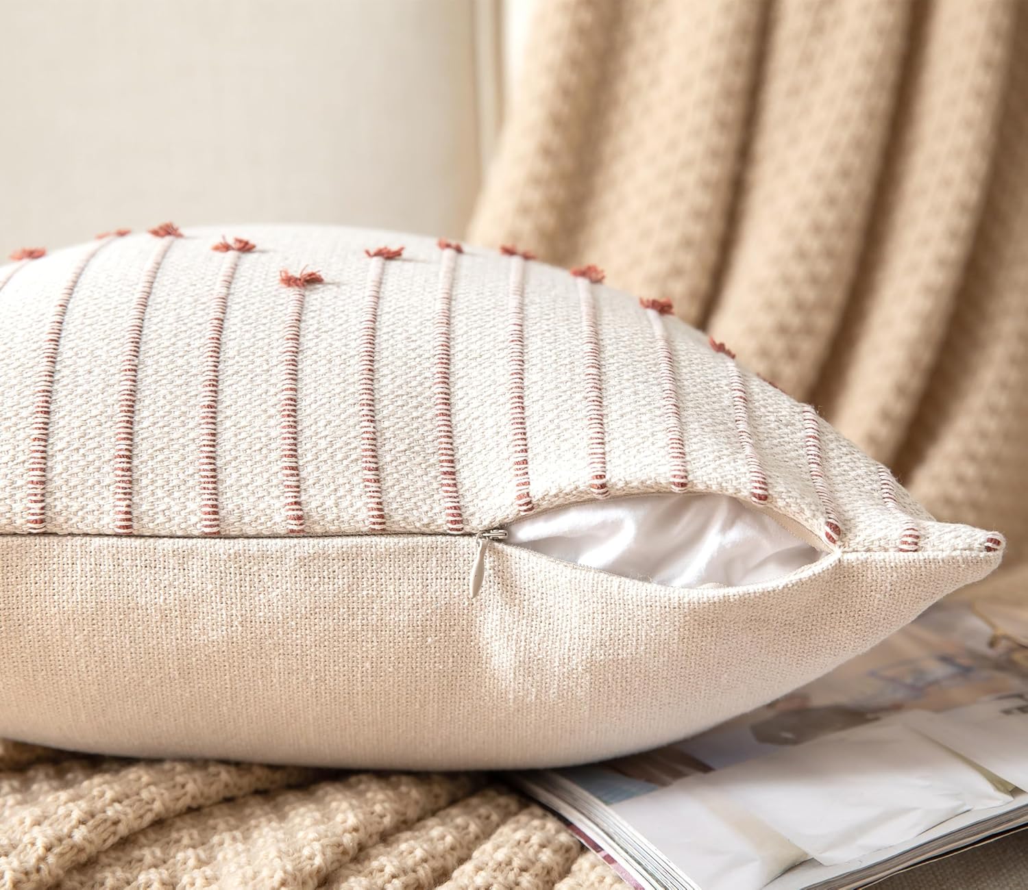 Caflife Boho Throw Pillow Covers 24x24 Set of 2 Decorative Pillows for Bed, Neutral Pillow Covers Beige with Green Line Throw Pillows for Modern Farmhouse Couch Sofa Living Room Outdoor