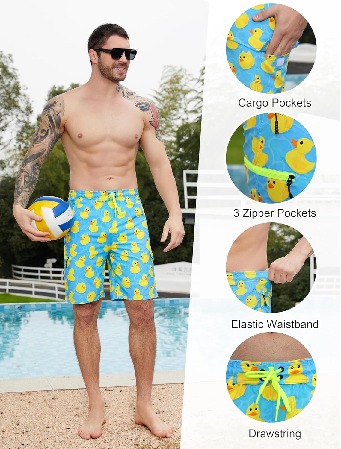 Mens Swim Trunks with Compression Liner Swimming Trunks 9 Inch Quick Dry Swim Cargo Shorts
