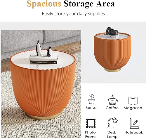 Miniatura 52 de Mesa auxiliar redonda moderna, mesa auxiliar de sofá de mármol sintético con base cubierta de cuero sintético en forma de cuenco, mesa auxiliar