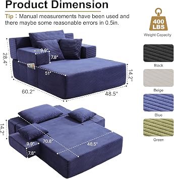 Convertible Chaise Lounge Chair Bed with Adjustable Armrest and Cup Holders