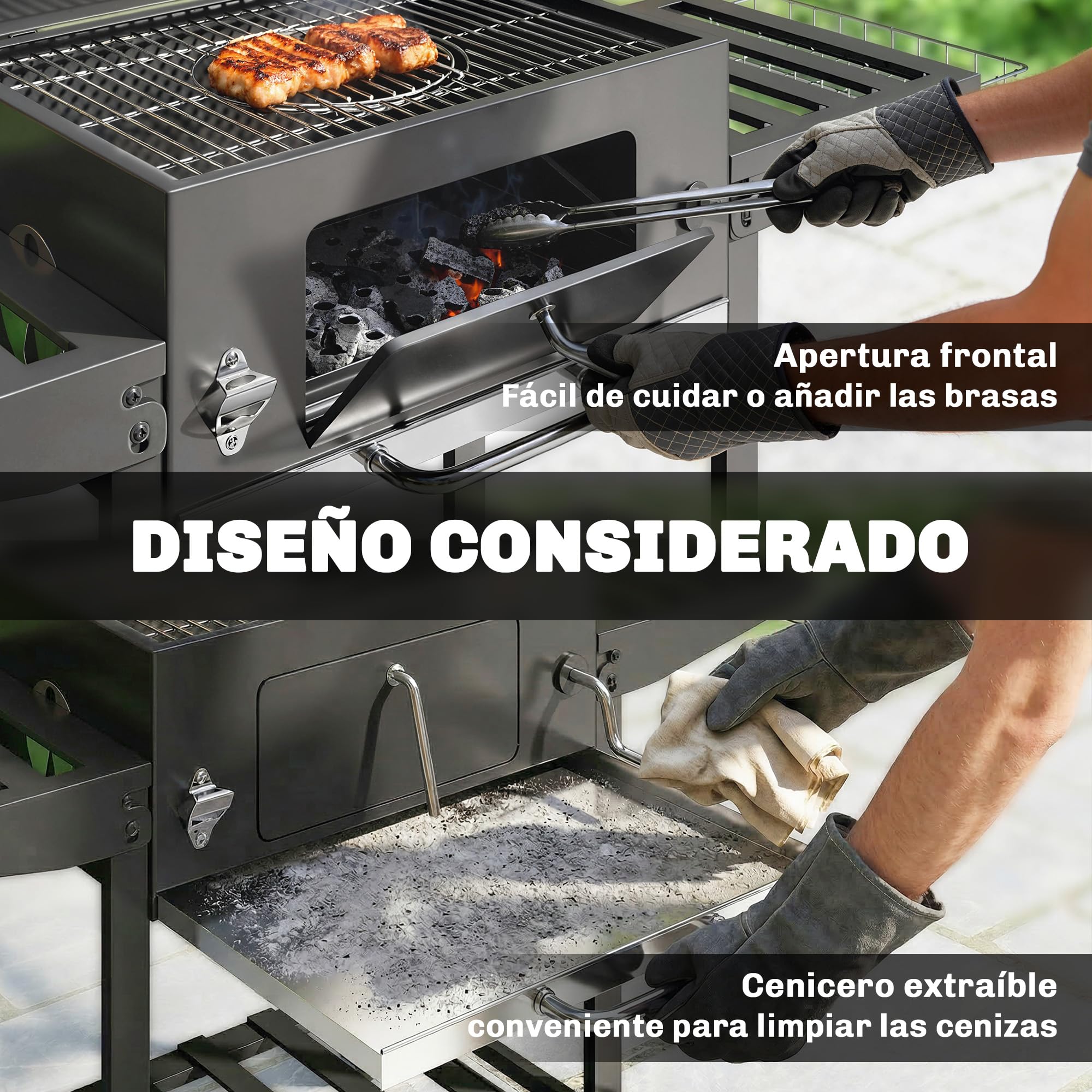 Outsunny Barbacoa de Carbón Portátil, Bandeja Ajustable, Tapa, Negro | Estantes Plegables, Termómetro, Chimenea, Ventilaciones, Cajón de Cenizas, Ruedas