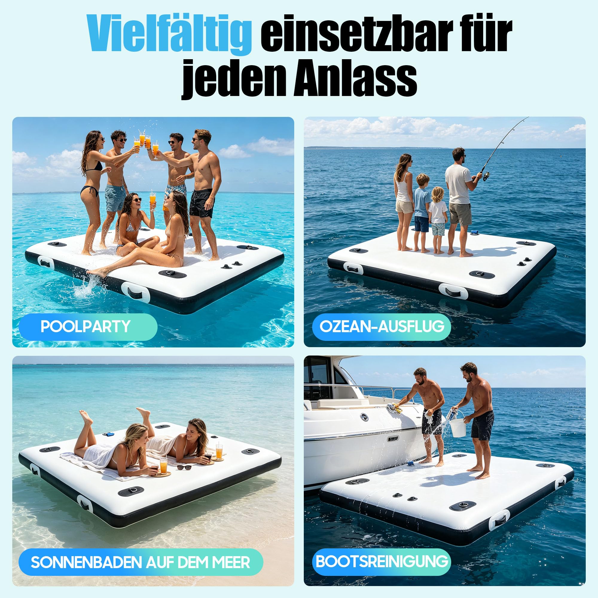 Aufblasbare schwimmende Plattform, 2 x 1,5 m PVC Schlauchboot für Angler, Fishing Plattform mit 2 Rudern und Luftpumpe, Tragkraft 400 kg, für See Schwimmbad Yoga Weiß Schwarz