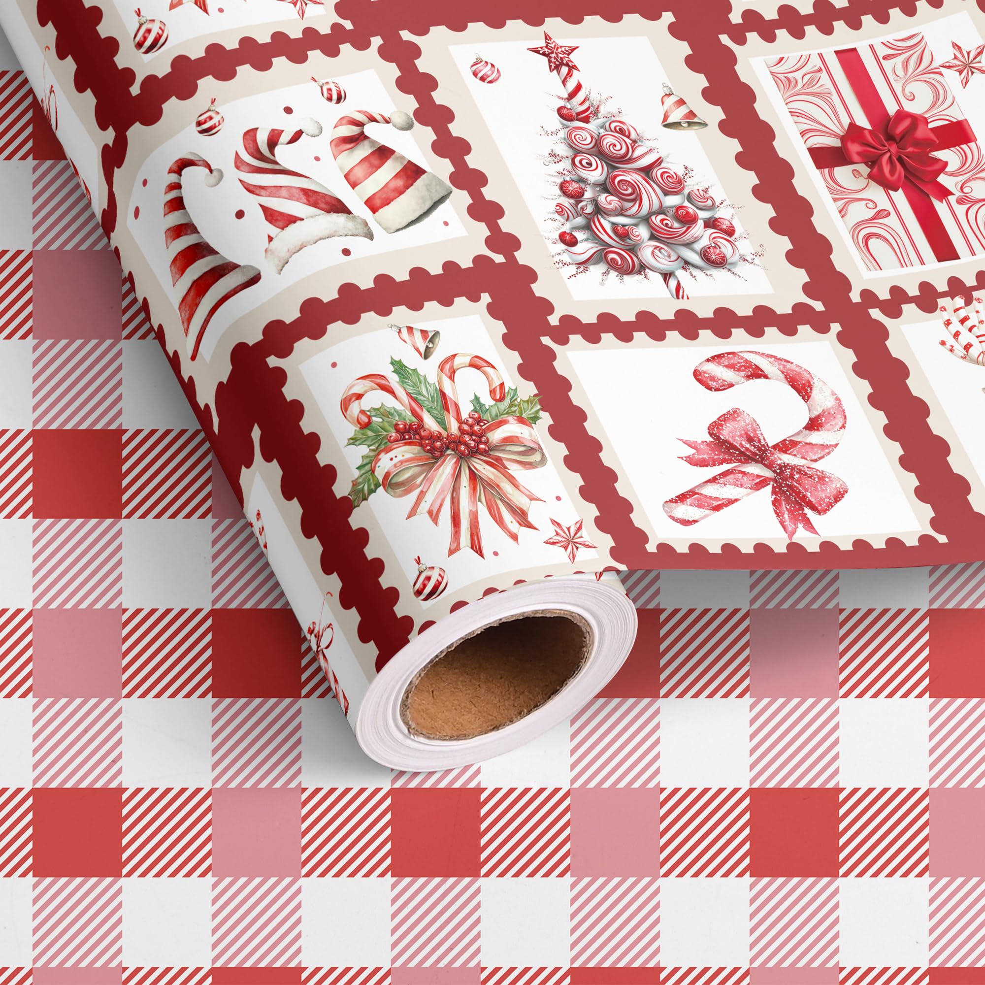 Dtiafu Reversible Candyland Christmas Wrapping Paper Roll for Kids Vintage Reindeer Candy Cane and Buffalo Plaid Design Pink Xmas Gift Wrap Paper for Holiday Winter Party Celebration - Total 28.5sq.ft โ image 1