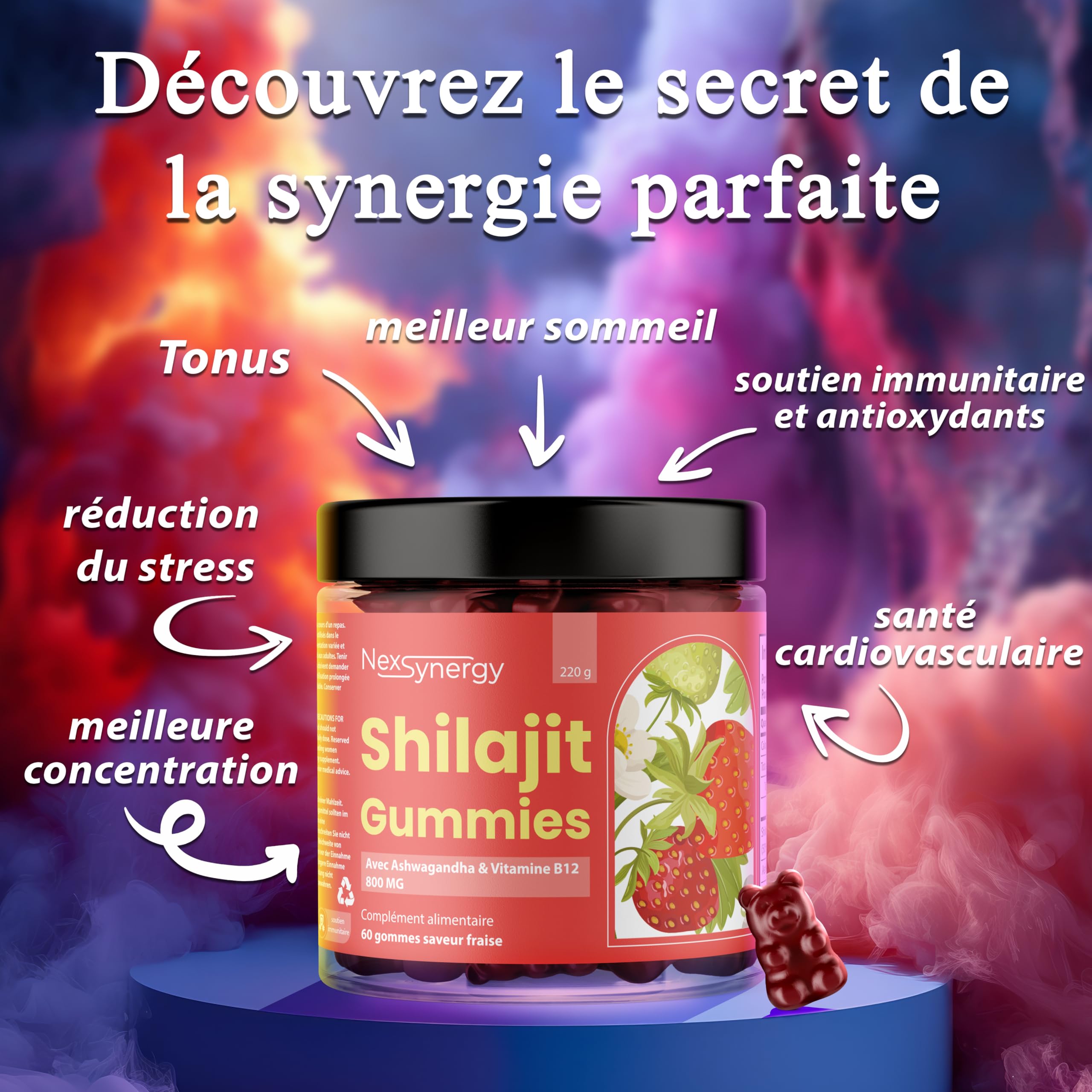 Gummies SHILAJIT avec ASHWAGANDHA et VITAMINE B12 | 800mg par Portion | 60 gommes Saveur Fraise | 50% d'Acide Fulvique | 100% Naturel, Végan et Sans Gluten