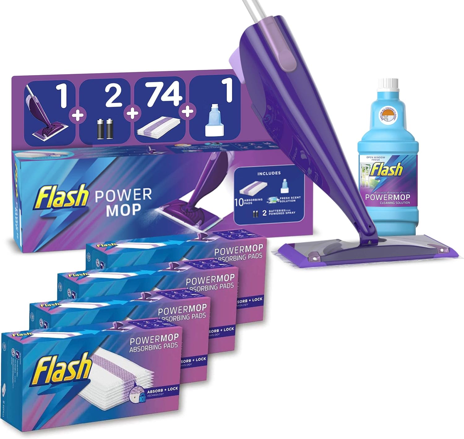 Cleaning Bundle Flash Powermop Starter Kit, Mop + 74 Absorbing Refill
