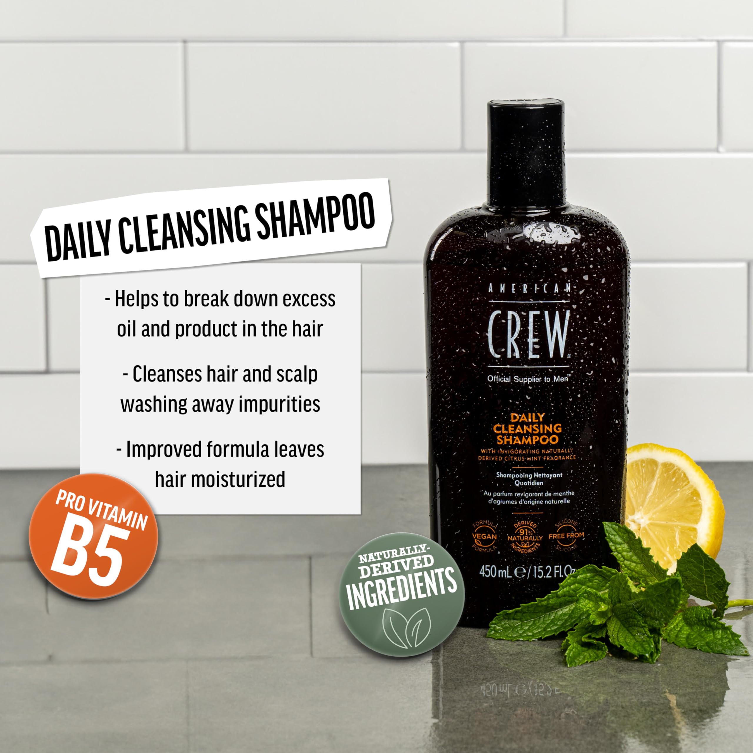 American Crew Shampoo for Men, Daily Cleanser, Naturally Derived, Vegan Formula, Citrus Mint Fragrance, 8.45 Fl Oz