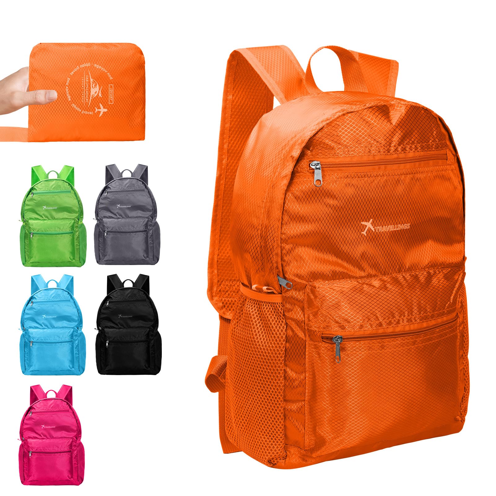 Risipu Lightweight Foldable Backpack Small Waterproof Hiking Rucksack Durable Packable Backpacks for Women Men Outdoor Hiking Biking Travelling Walking Camping (Large-Orange)