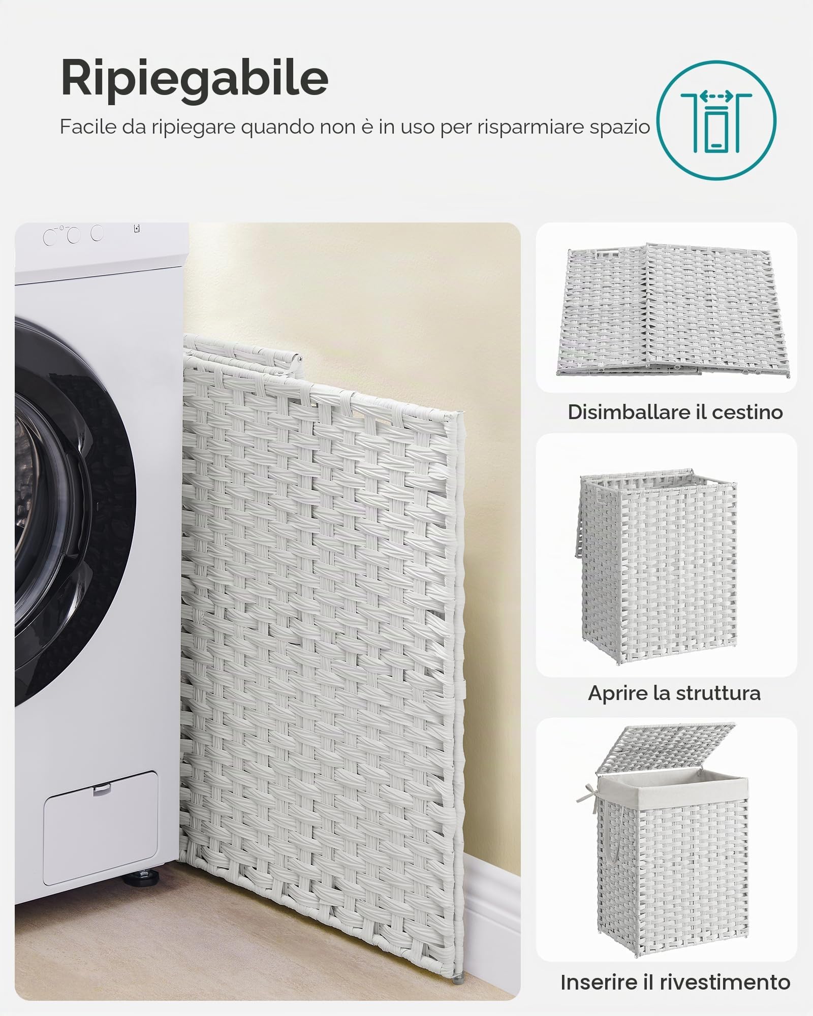 SONGMICS Cesto portabiancheria intrecciato a mano, in rattan sintetico, con coperchio e manici, pieghevole, rimovibile, colore bianco, ULCB51WT