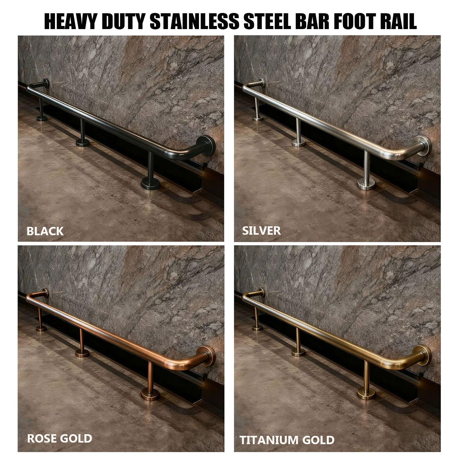 inless Zestaw balustrad stalowych, 5ft / 152 cm, czarna szyna nożna z akcesoriami do wewnątrz, na zewnątrz, pub, kuchnia, pojemność 150 kg