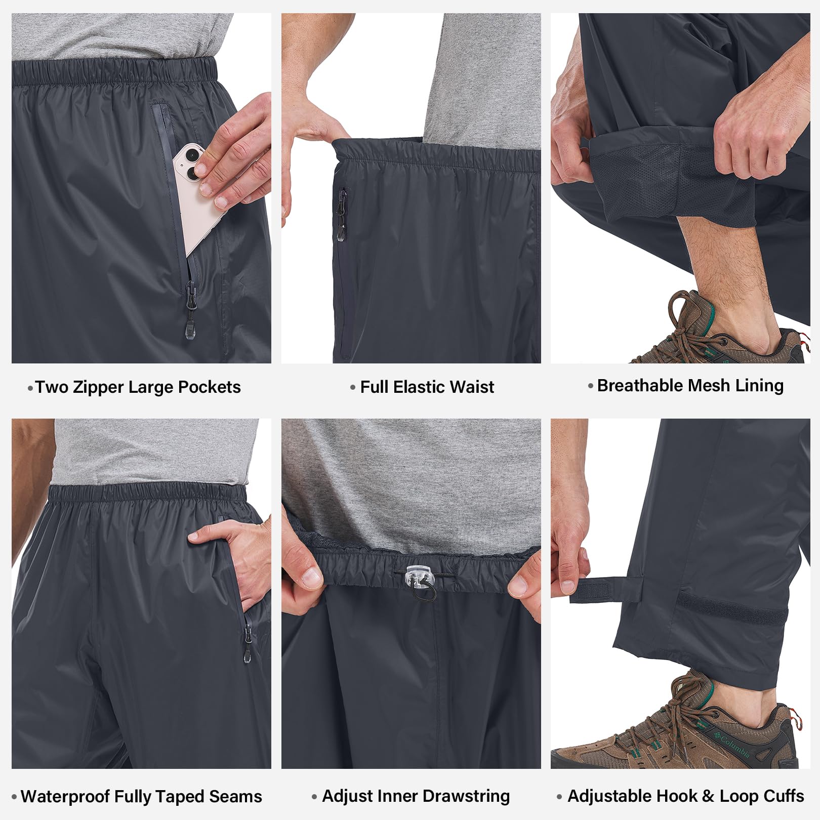 Regenhose Herren Fahrrad Leichte wasserdichte Winddichte Outdoorhose zum Wandern Camping Trekkinghose Motorrad Regenhose(1088 Grau XL)