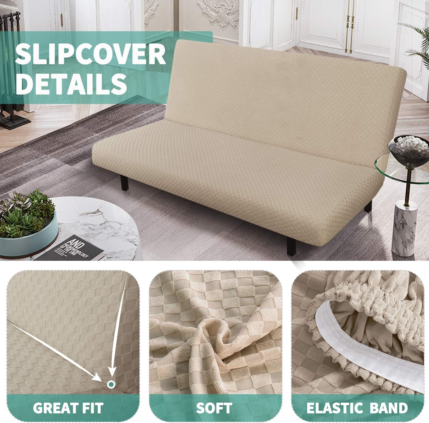 YEMYHOM Futon Cover Latest Jacquard Design High Stretch Armless Sofa Bed Slipcover Anti-Slip Furniture Protector with Elastic Bottom (Futon, Khaki)