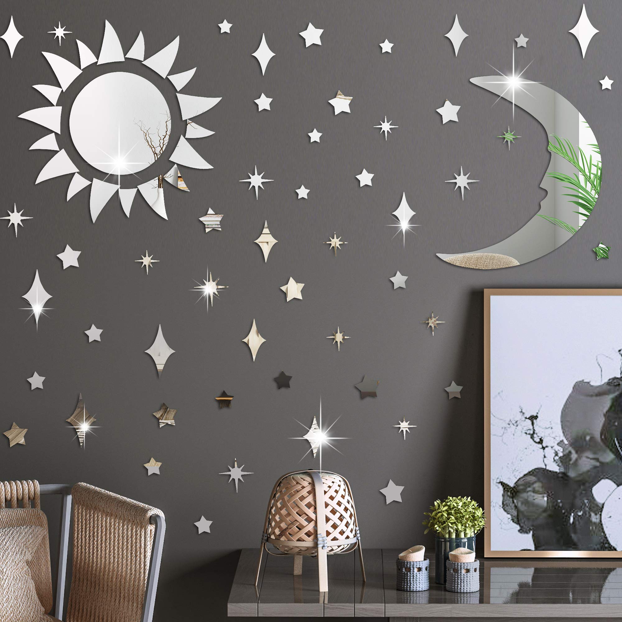 Amaonm Removable 3D Mirror Moon & Stars Wall Decals - Acrylic Stickers For Bedroom, Ceiling, Kids Room Decor