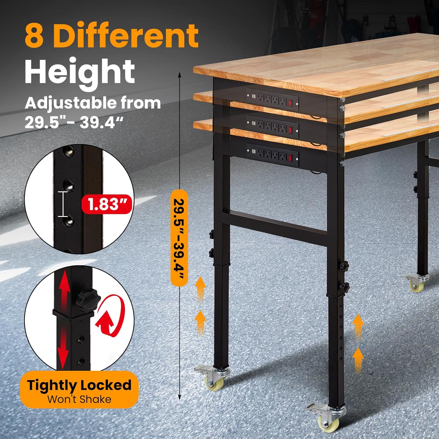 48" Adjustable Workbench with Power Outlet, Heavy Duty Work Table, 29.5"-39.4" Height Adjustable Workbench with Wheels & Pegboard, for Garage Office Workshop Home Commercial