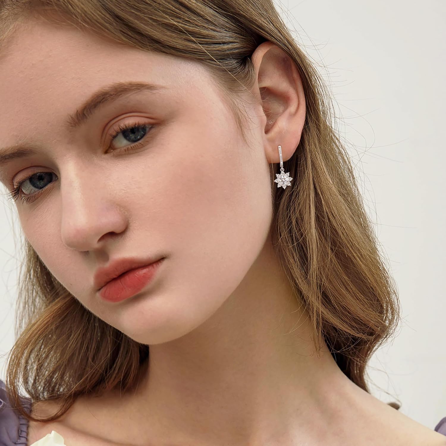 Dangle Hoop Earrings with CZ Charm for Women Sterling Silver Flower Hoop Earrings Delicate Dainty Cubic Zirconia Drop Dangle Earrings for Wife Mom Birthday Gifts - Image 4