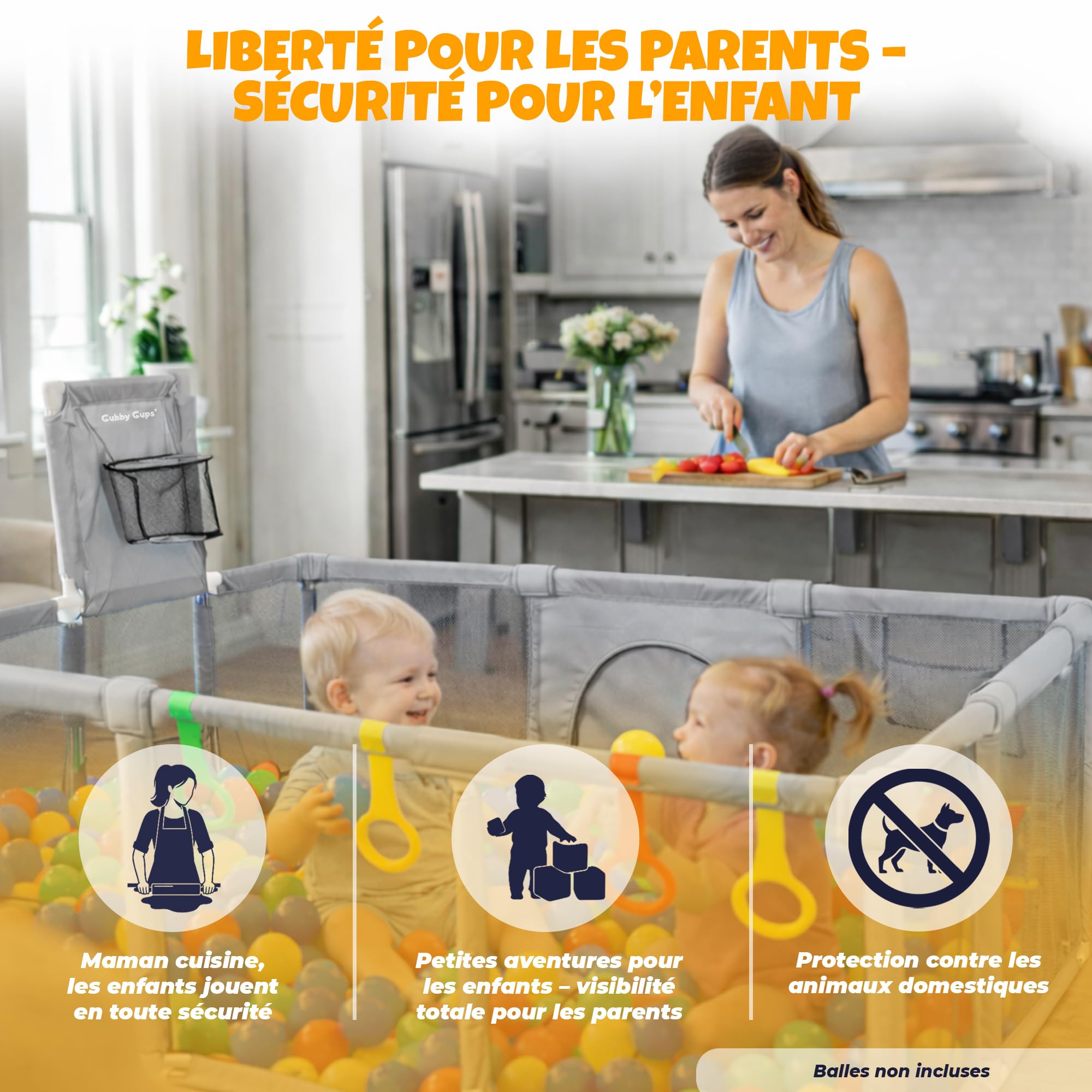 Parc bébé XXL 180x122 cm avec panier de basket et but de football – Aire de jeu sécurisée pour bébé et enfant – Filet respirant, anneaux de motricité et structure stable – Gubby Gups