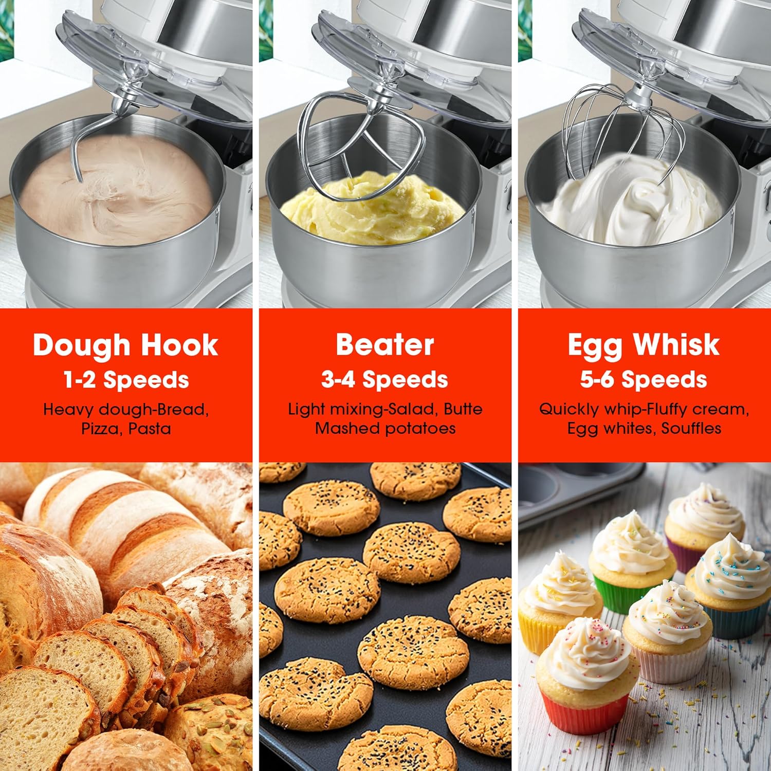 Stand Mixer, 5.8 QT Electric Food Mixer with 600W Pure Copper Motor, 6-Speed Tilt-Head Kitchen Mixer with Stainless Steel Bowl, Dough Hook, Whisk, Beater, Splash Guard & Scraper (White)