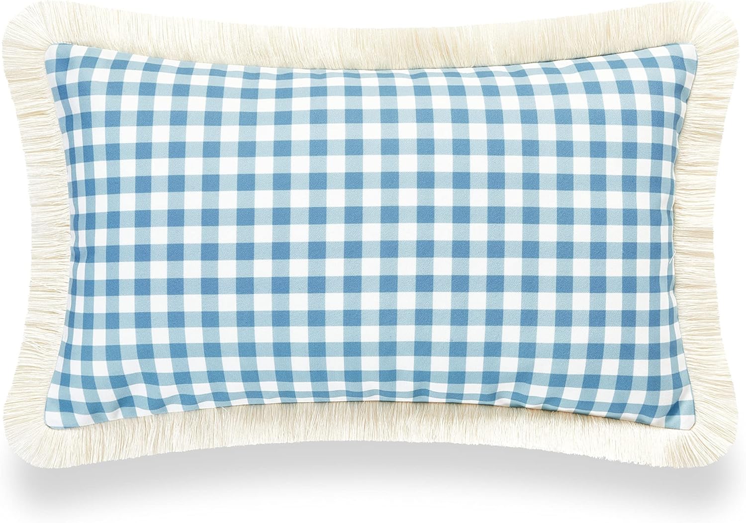 Hofdeco Premium Patio Outdoor Pillow, 12"x20" Cover and 13"x21" Insert for Backyard, Couch, Water Repellent Baby Blue Gingham Fringe