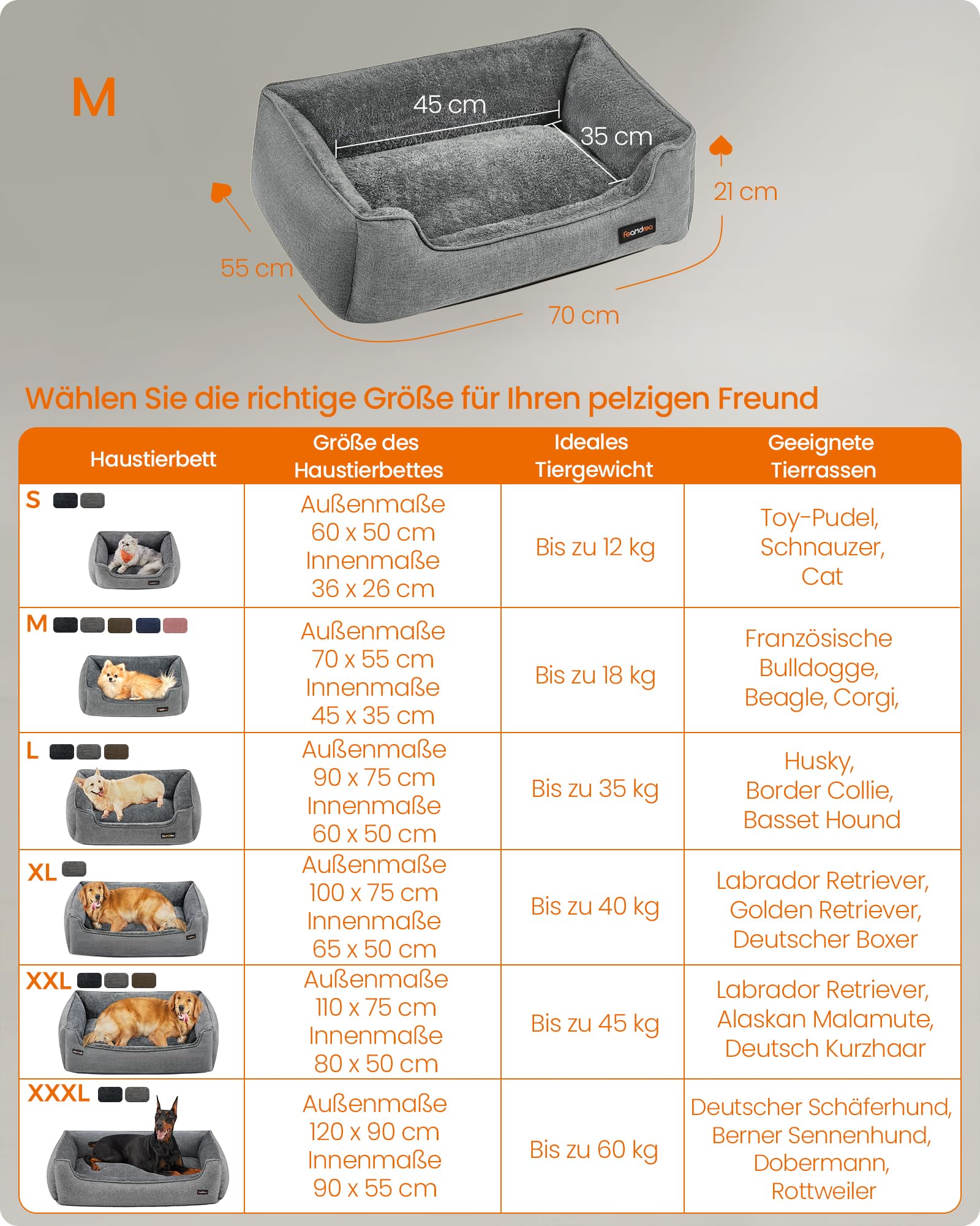 Feandrea Hundebett, Hundekissen in Leinenoptik, Hundekorb, erhöhte Ränder, rutschfeste Unterseite, Bezug abnehmbar waschbar, M, für kleine Hunde, 70 x 55 x 21 cm, hellgrau PGW10GG