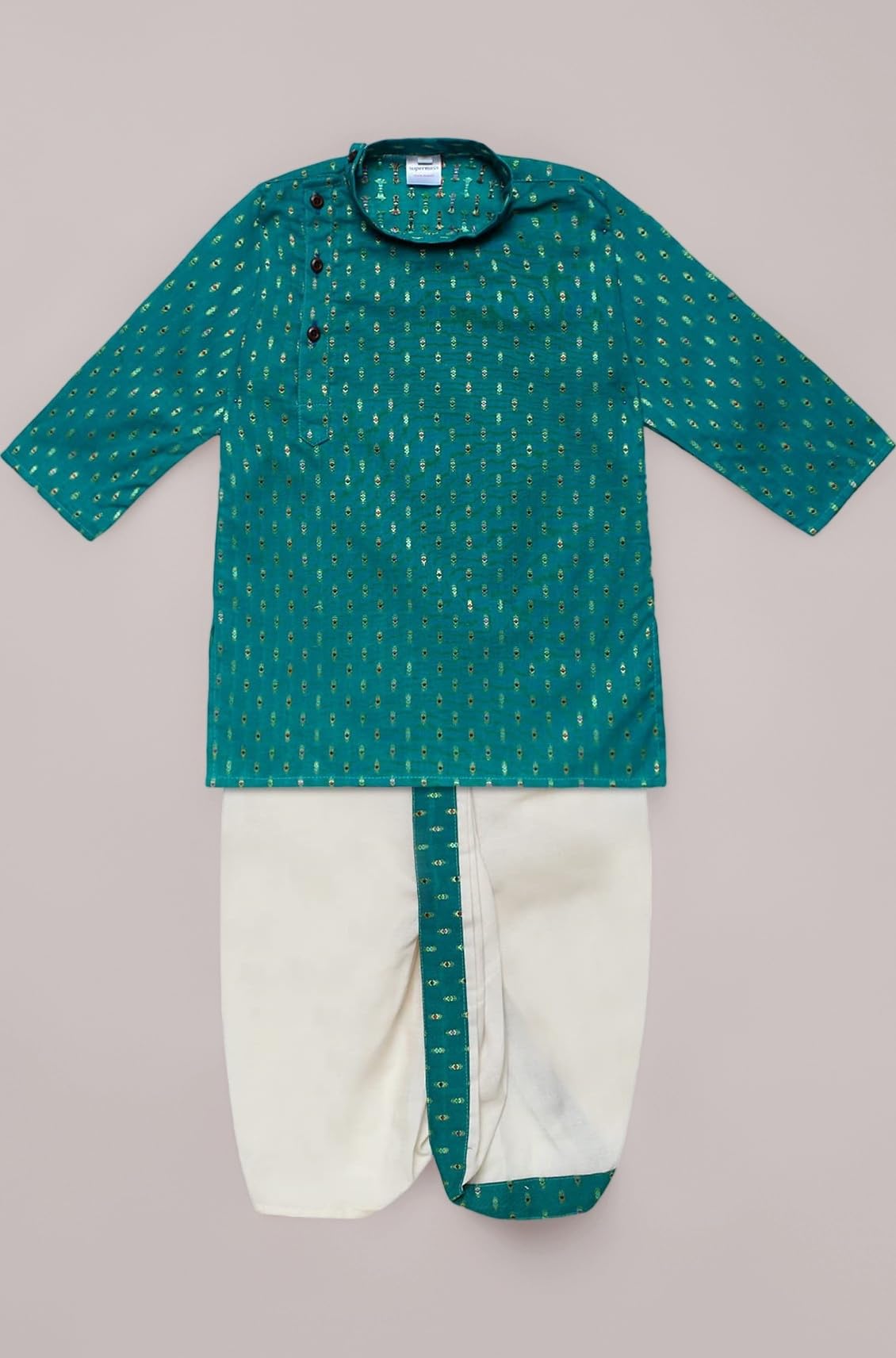 superminis Boy's Cotton Kurta with Dhoti - Golden Thread Work, Solid Round Collar, Full Sleeves, Side Button Kurta Set for Ethnic Wear