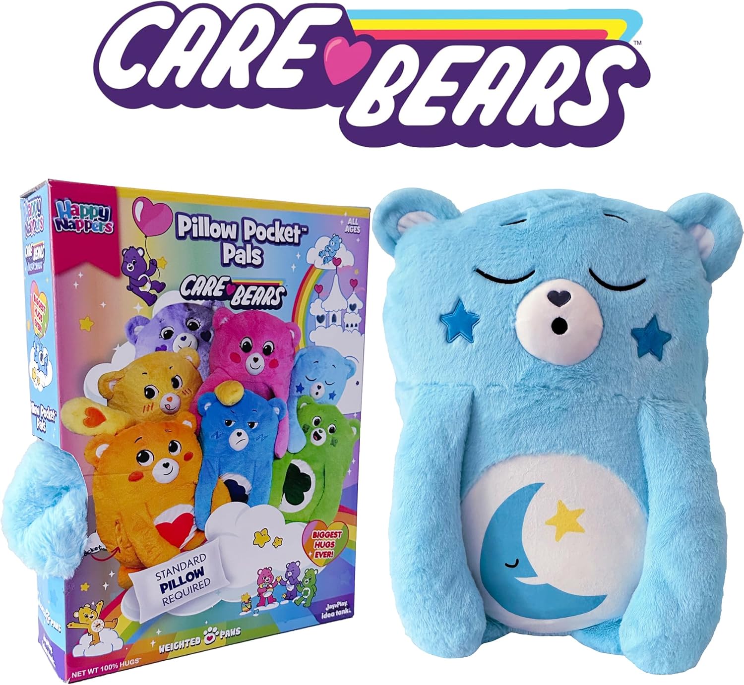 Happy Nappers: Care Bears Pillow Pocket Pal - Bedtime Bear - Plush Character Pillow Case, Animal Cover w/Weighted Paws, Soft Huggable Companion, Kids