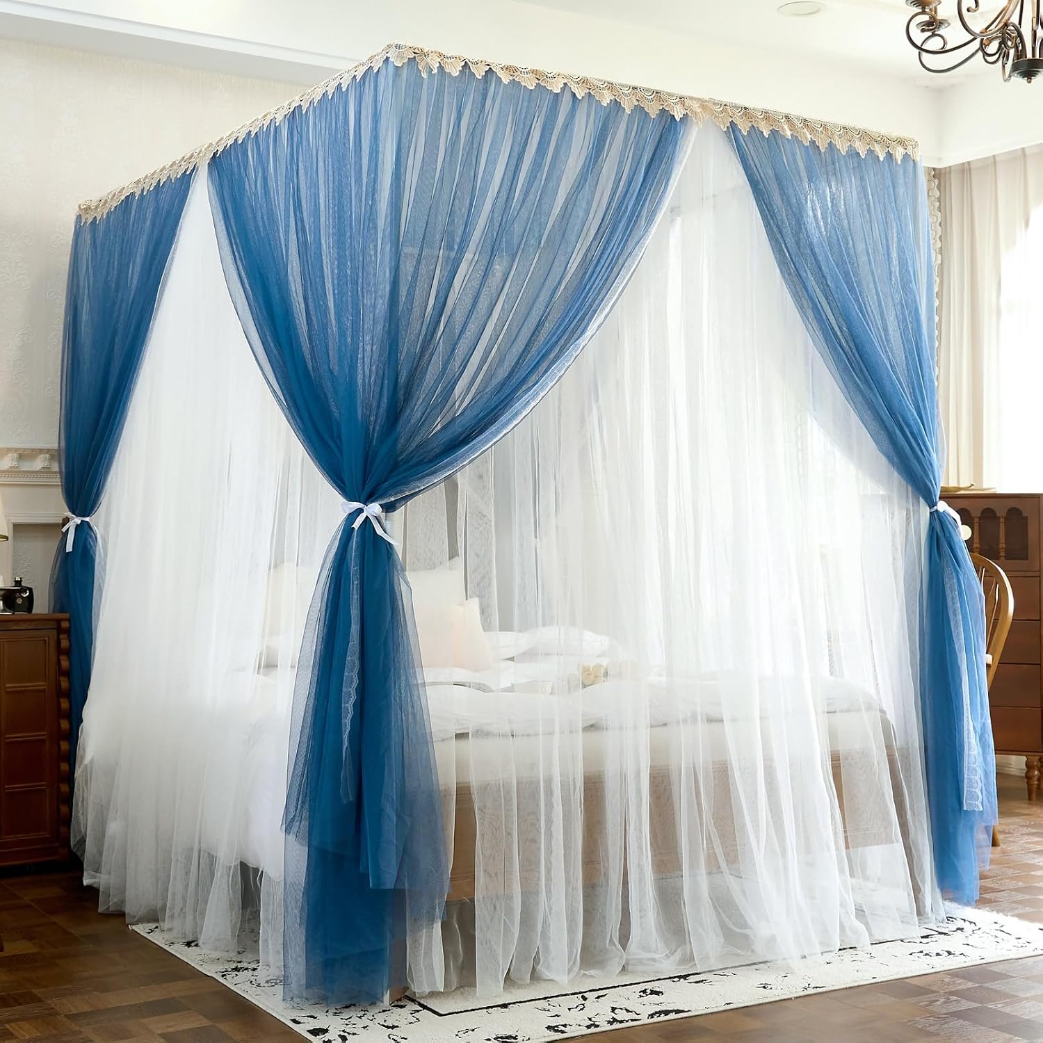 AIKASY Double Layer Canopy Bed Curtains with Mosquito Net, Princess Style Sheer Bed Canopy with Tiebacks, 4 Corner Bed Curtains for Girls Bedroom Decoration (Peacock Blue/White,Queen)