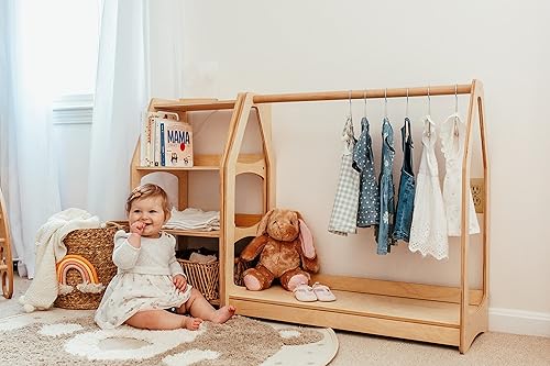 Miniatura 8 de WOOD&ROOM Montessori - Perchero para ropa infantil con estante – Perchero de madera para niños pequeños – Almacenamiento de ropa para niños, armario