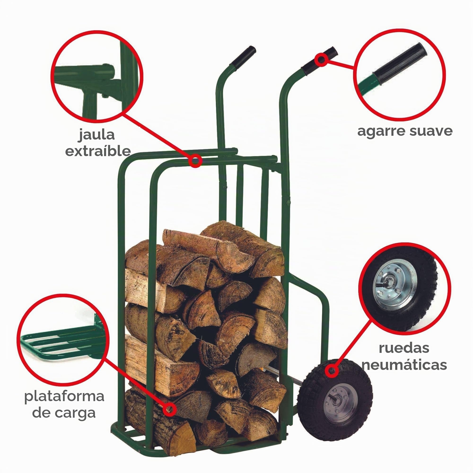 Toolland Carrito para leña Verde con Ruedas neumáticas, Marco de Acero, Carga máx. 250 kg, 3 Posiciones, Asas softgrip, Ideal para Transportar y apilar leña