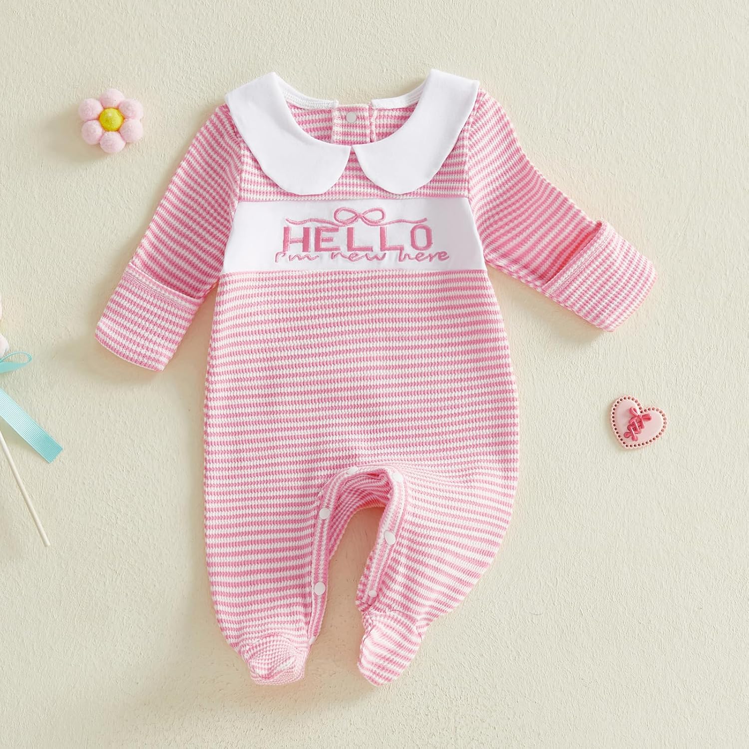 Im New Here Newborn Baby Outfit Girl Embroidery Striped Waffle Long Sleeve Footie Romper Jumpsuit Coming Home Outfit - Image 5