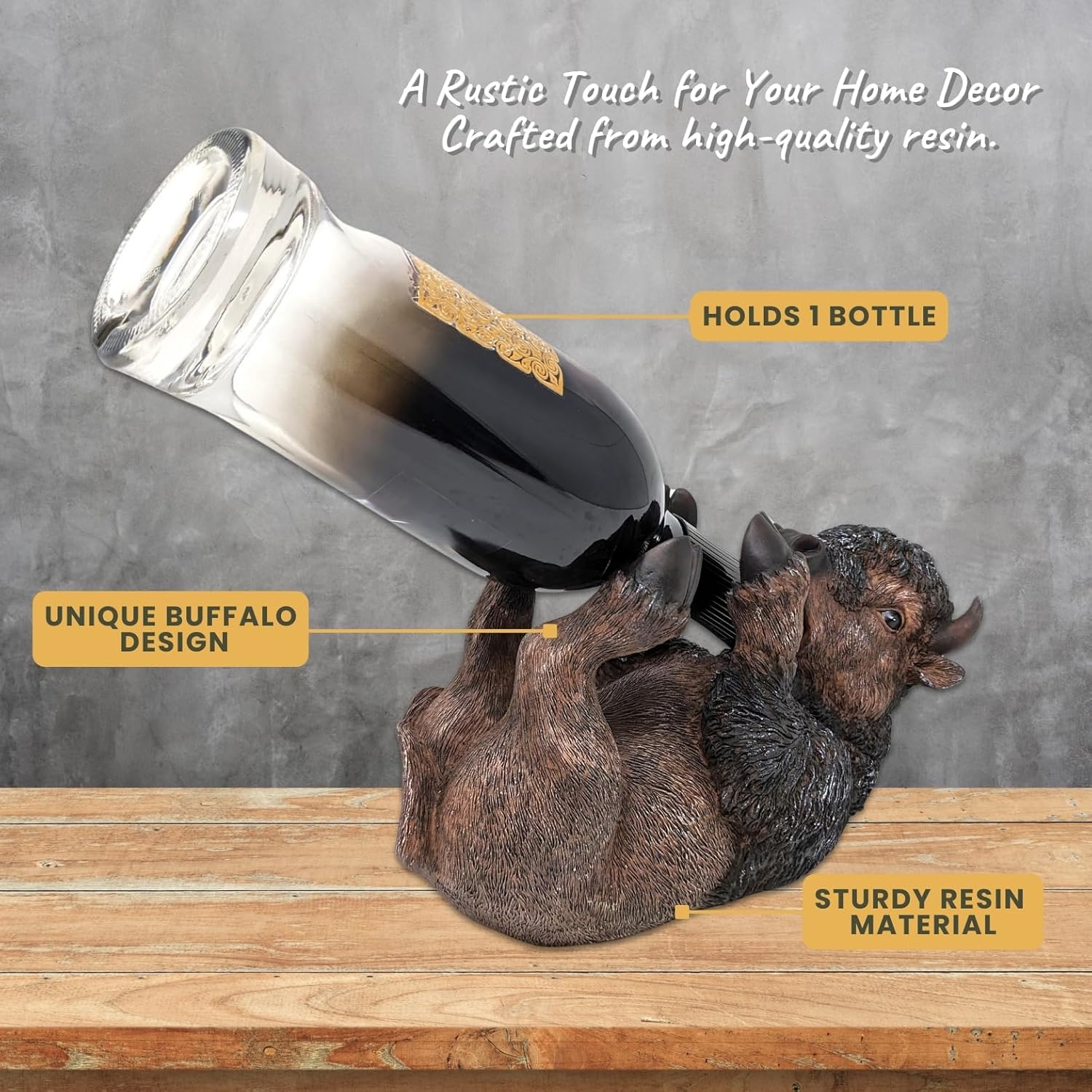 Buffalo Bourbon Bottle Holder -Unique Resin Buffalo Whiskey Holder for Home Bar, Rustic Western Décor, 12x5.35x7.5 Inches - ideal Gift for Whiskey Lovers & Collectors-Secure & Stylish Bottle Display
