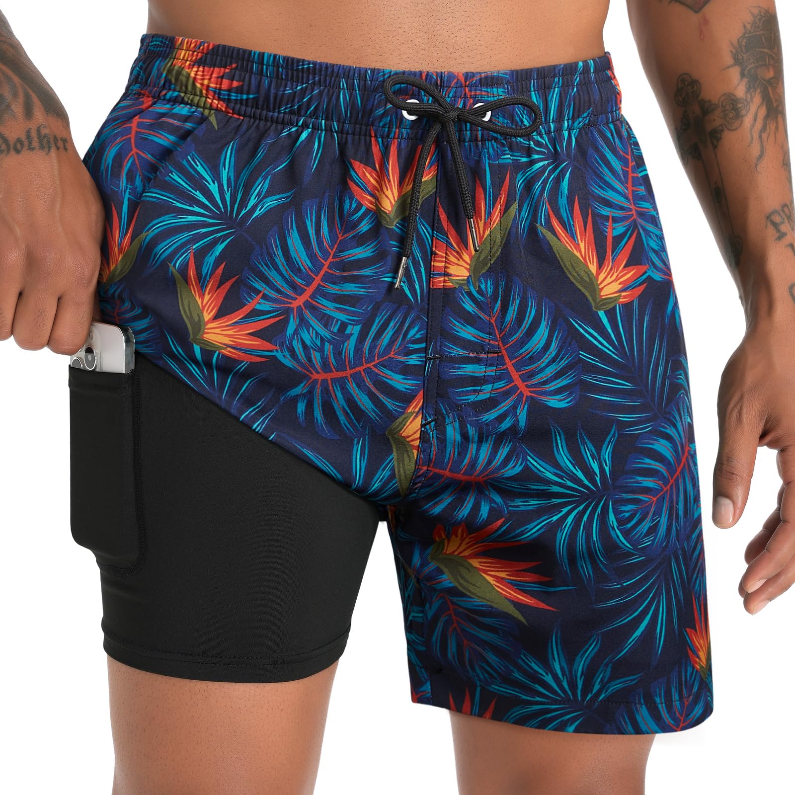 zeetoo Mens Swim Trunks 5.5 Inch with Compression Liner 2 in 1,Quick-Dry Stretch Bathing Suit Shorts for Beach & Swimming