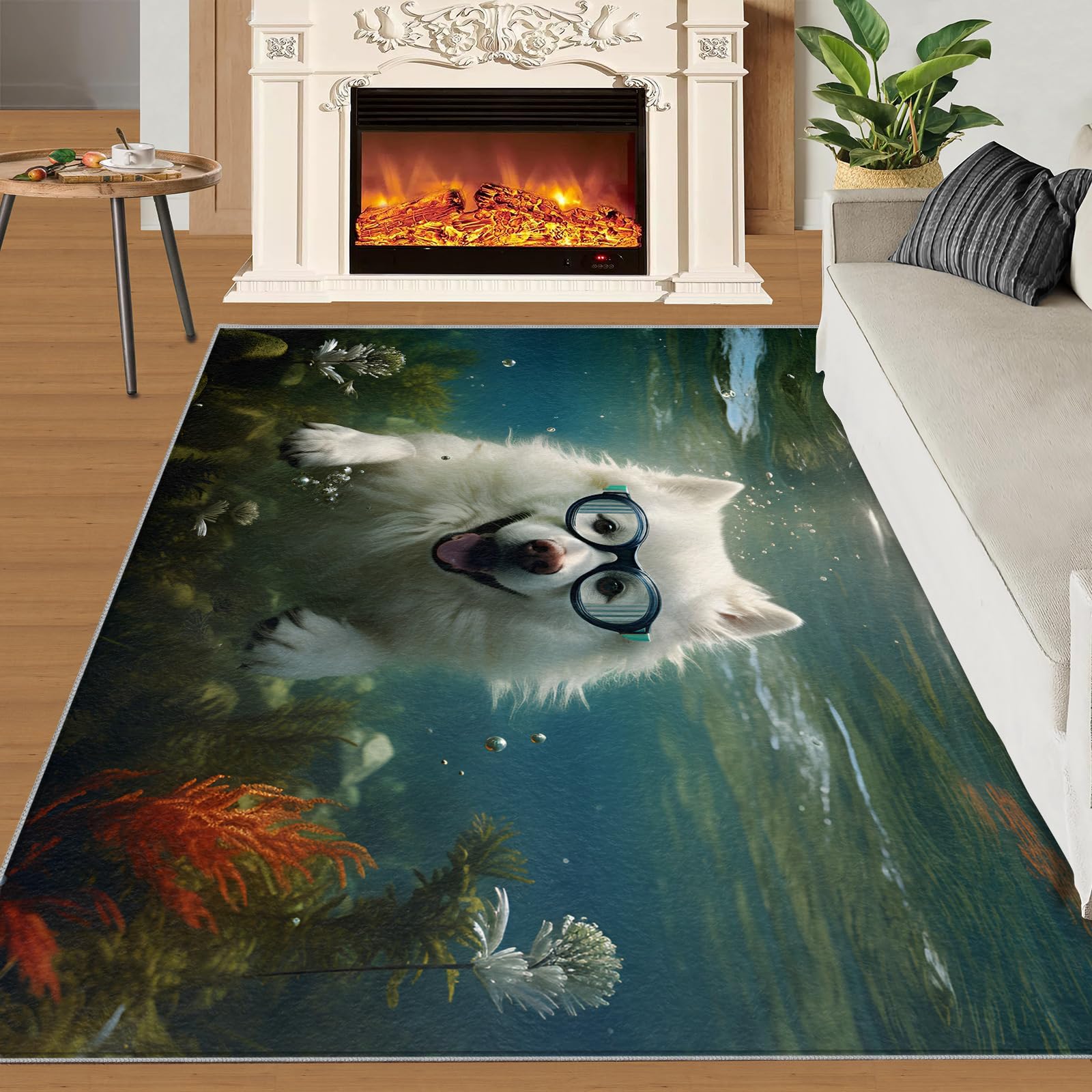SANSJI 90x180cm Kids Dog Runner Rug for Japanese Spitz Lovers, Non-Slip Washable Cute Pet Puppy Design Indoor Carpet for Corridor, Animal Ocean Theme Floor Mats for Kids, Soft & Resistant